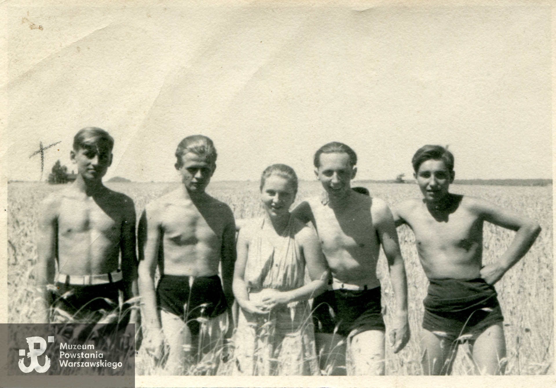 Stoją od lewej: Andrzej Przedpełski, Witold Henneberg, Maria Krzemieniewska Porwit,  Eugeniusz Krzemieniewski i Jerzy Wojciechowski ps. "Emil". Fot.  ze zbiorów rodzinnych p.  Anny Przedpełskiej-Trzeciakowskiej, skany wykonano  w Pokoju  Kombatanta MPW (2015 r.) 