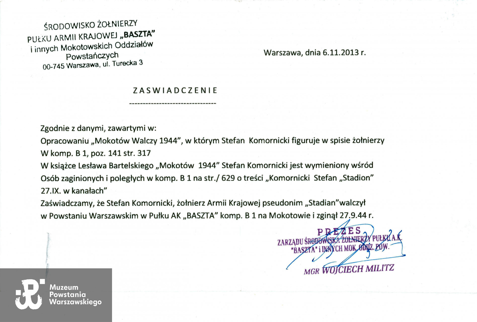 Źródło: Muzeum Powstania Warszawskiego, Teczki personalne uczestników Powstania Warszawskiego: Komornicki Stefan „Stadian”| „Stadion"