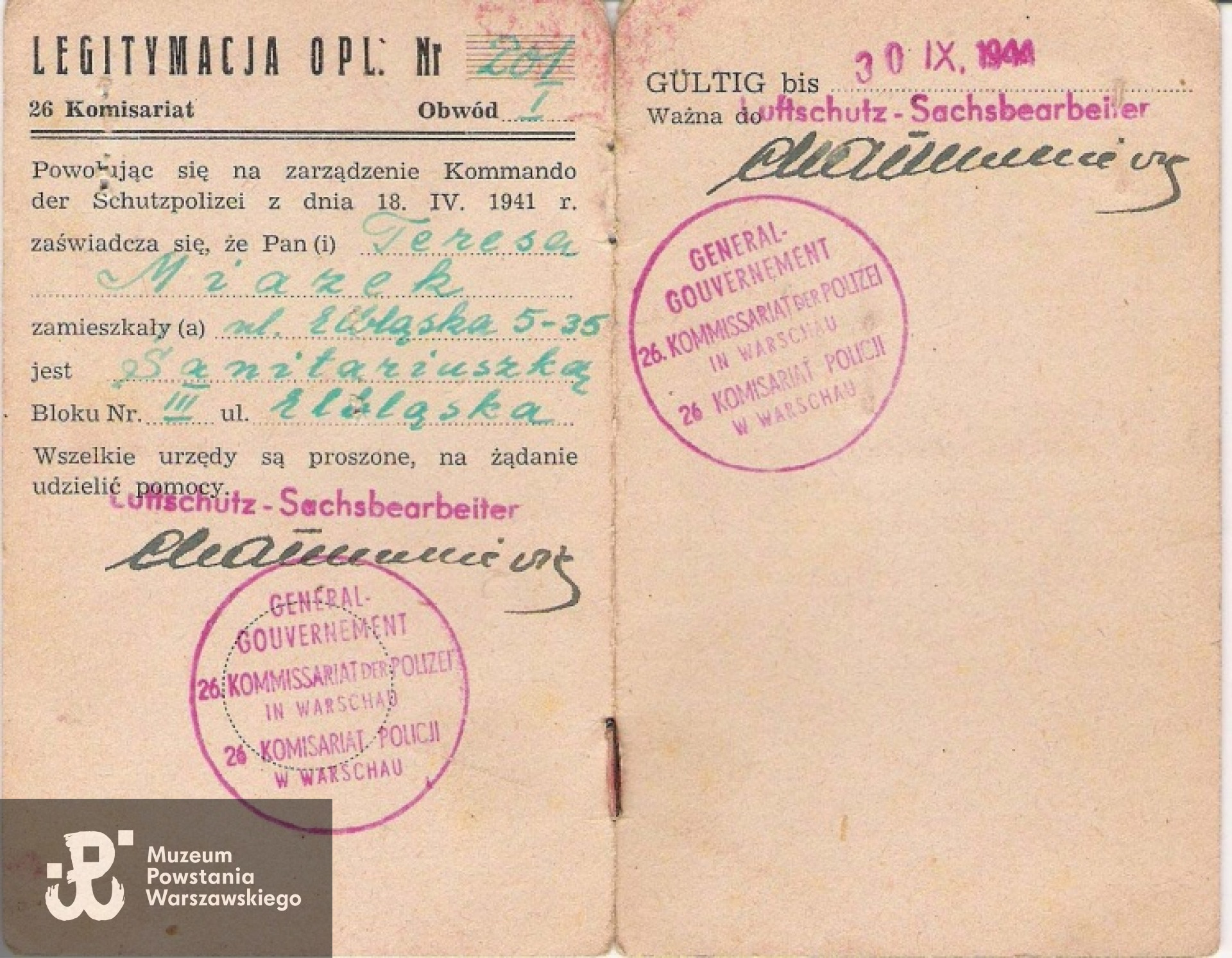 Legitymacja LHD (Lufthilfsdienst – Pomocnicza Służba Przeciwlotnicza) wystawiona przez XXVI komisariat policji na Żoliborzu