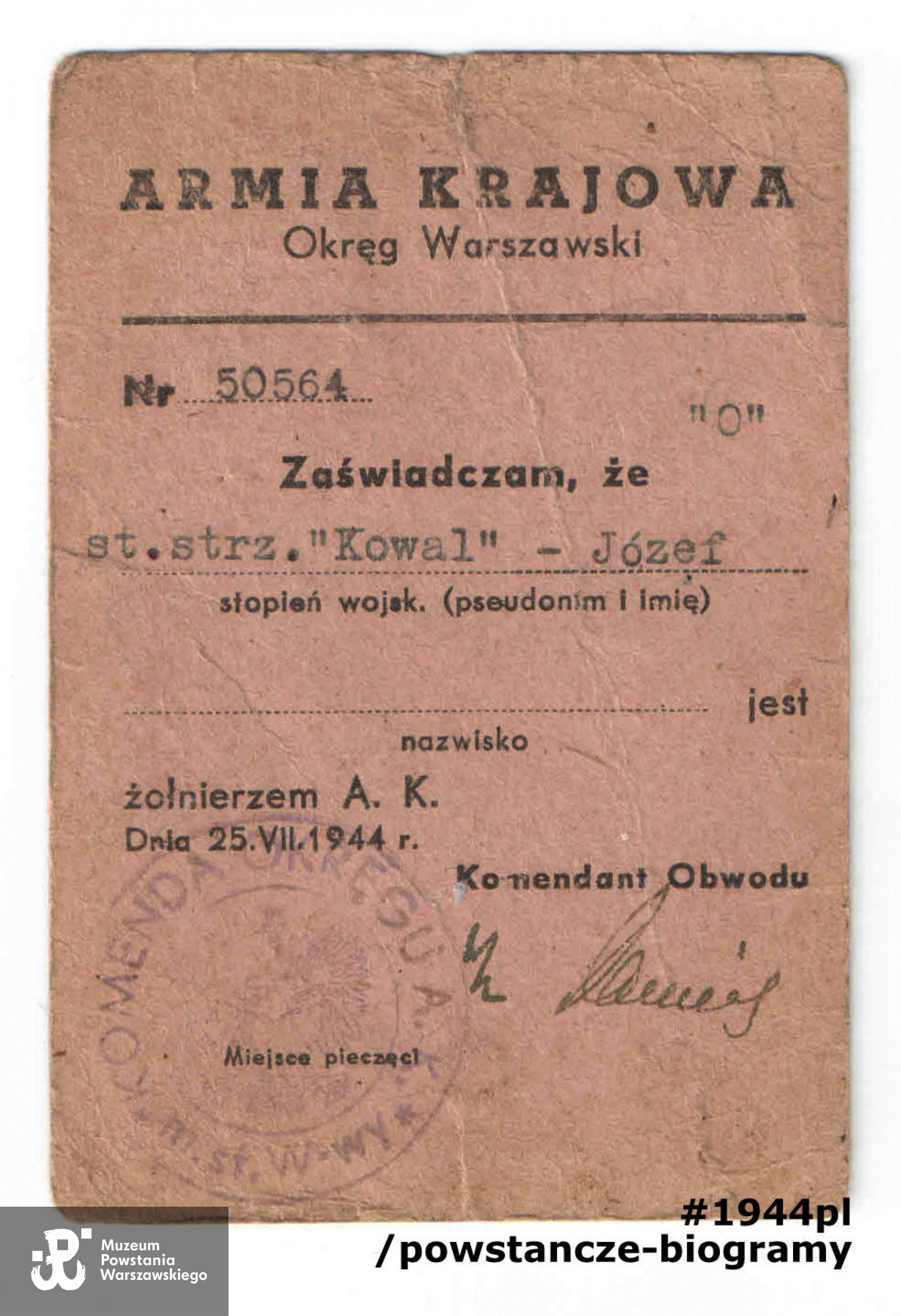 Skan  dokumentu udostępniony z archiwum rodzinnego przez p. Piotra Kowalskiego