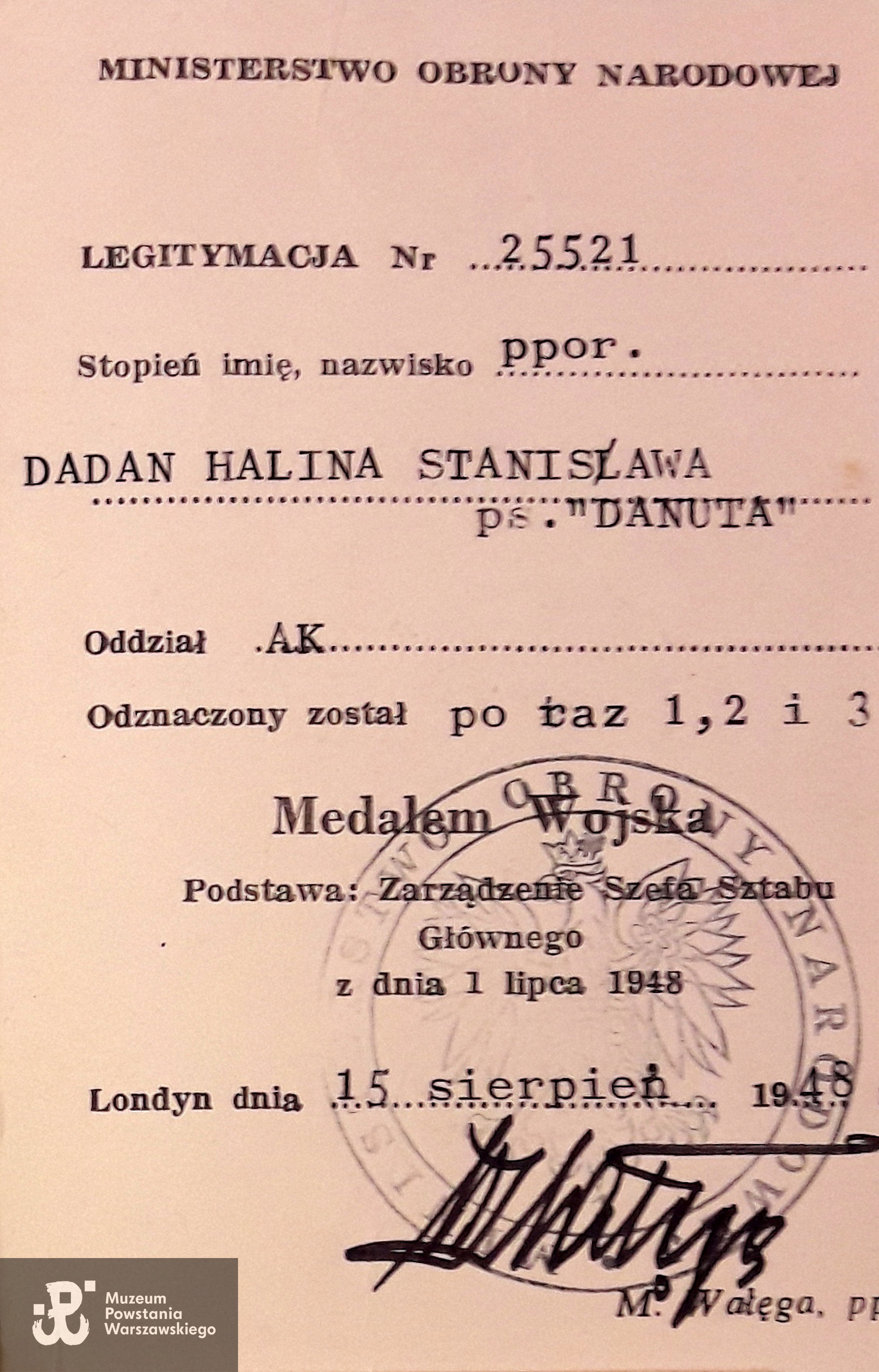 Legitymacja odznaczeniowa - Medal Wojska, Londyn 1948. Ze zbiorów rodzinnych