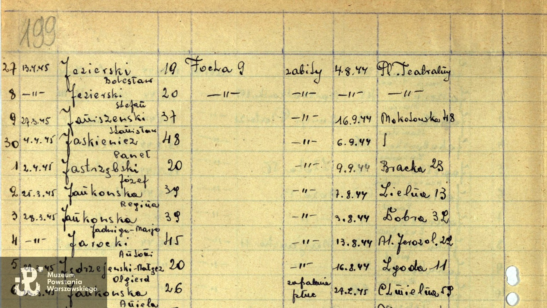 Fragment listy ekshumowanych - ze zbiorów Archiwum Państwowego m. st. Warszawy