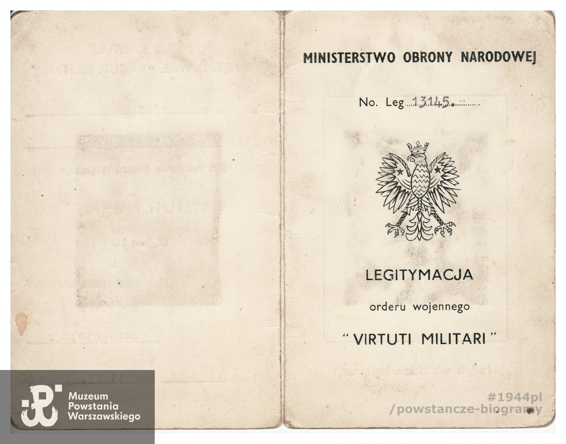 Legitymacja Krzyża Virtuti Militari wystawiona w Londynie. Dokument ze zbiorów rodzinnych, skan udostępniła p. Agnieszka Ławacz-Sampanis