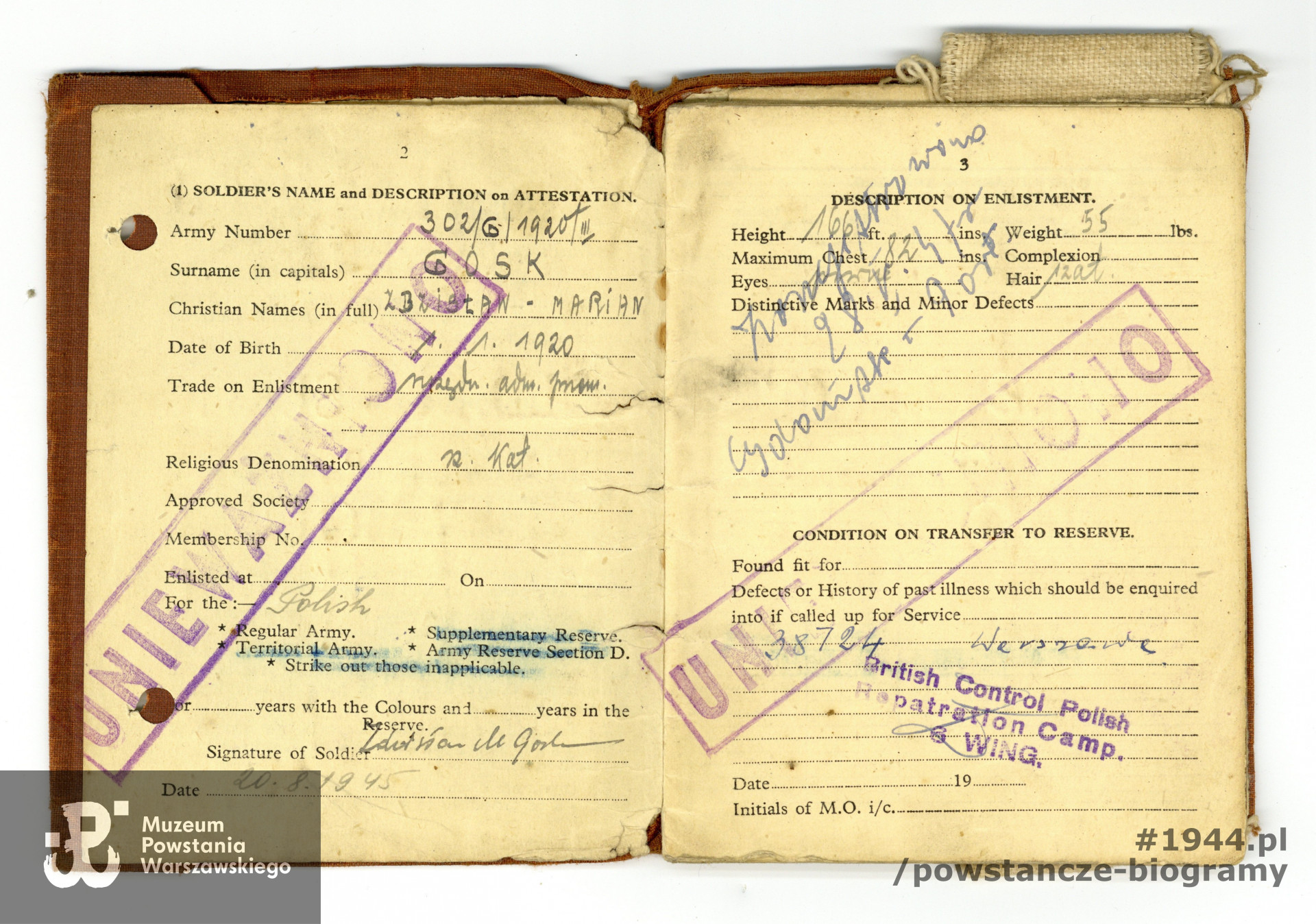 Soldier's Service and Pay Book (książeczka żołnierska i książeczka żołdu). Z archiwum rodzinnego, udostępnił p. Piotr Gosk
