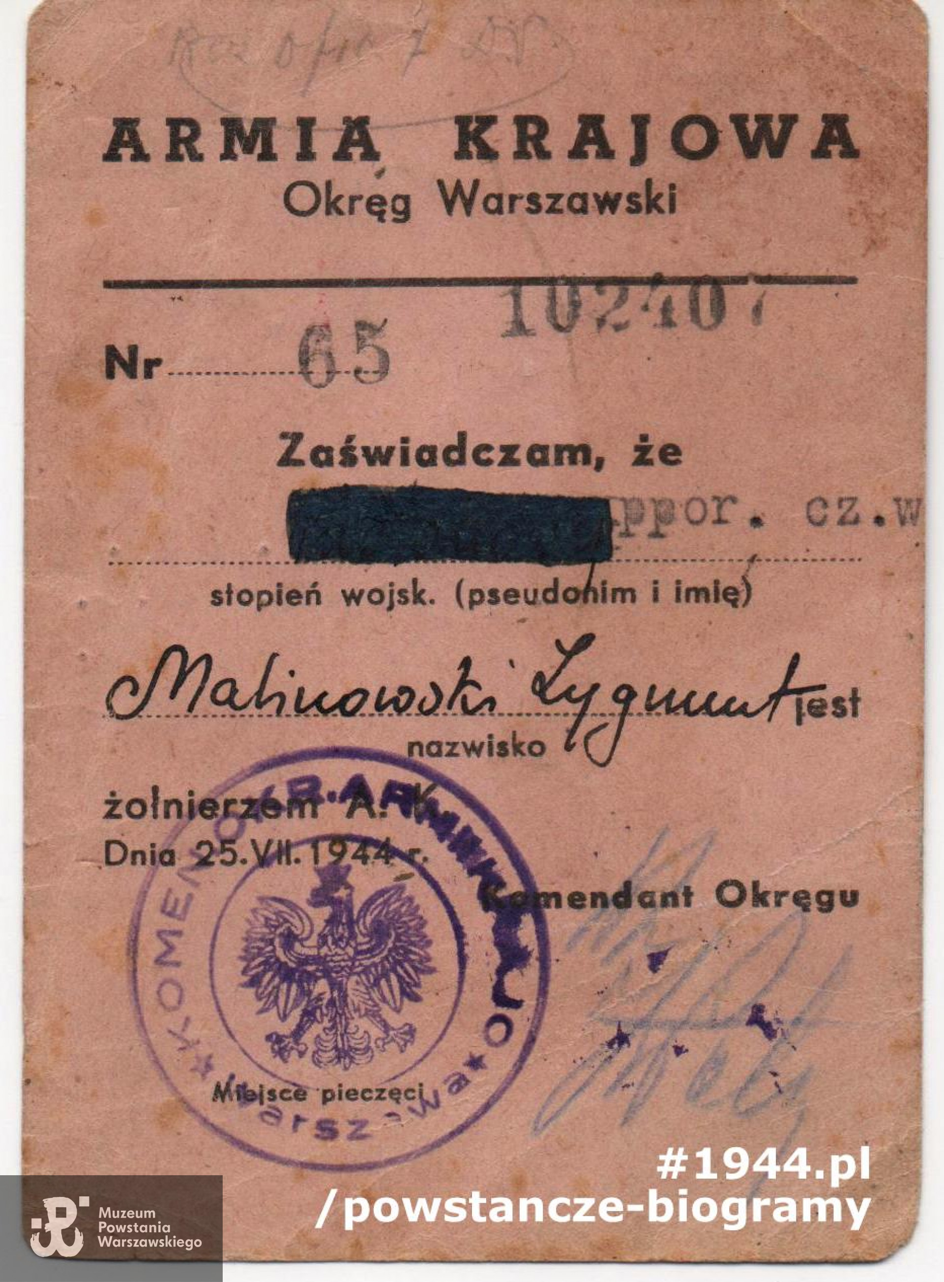 Należąca do ppor. Zygmunta Malinowskiego "Kruka" legitymacja żołnierza Armii Krajowej. Ze zbiorów rodzinnych p. Ryszarda Malinowskiego.