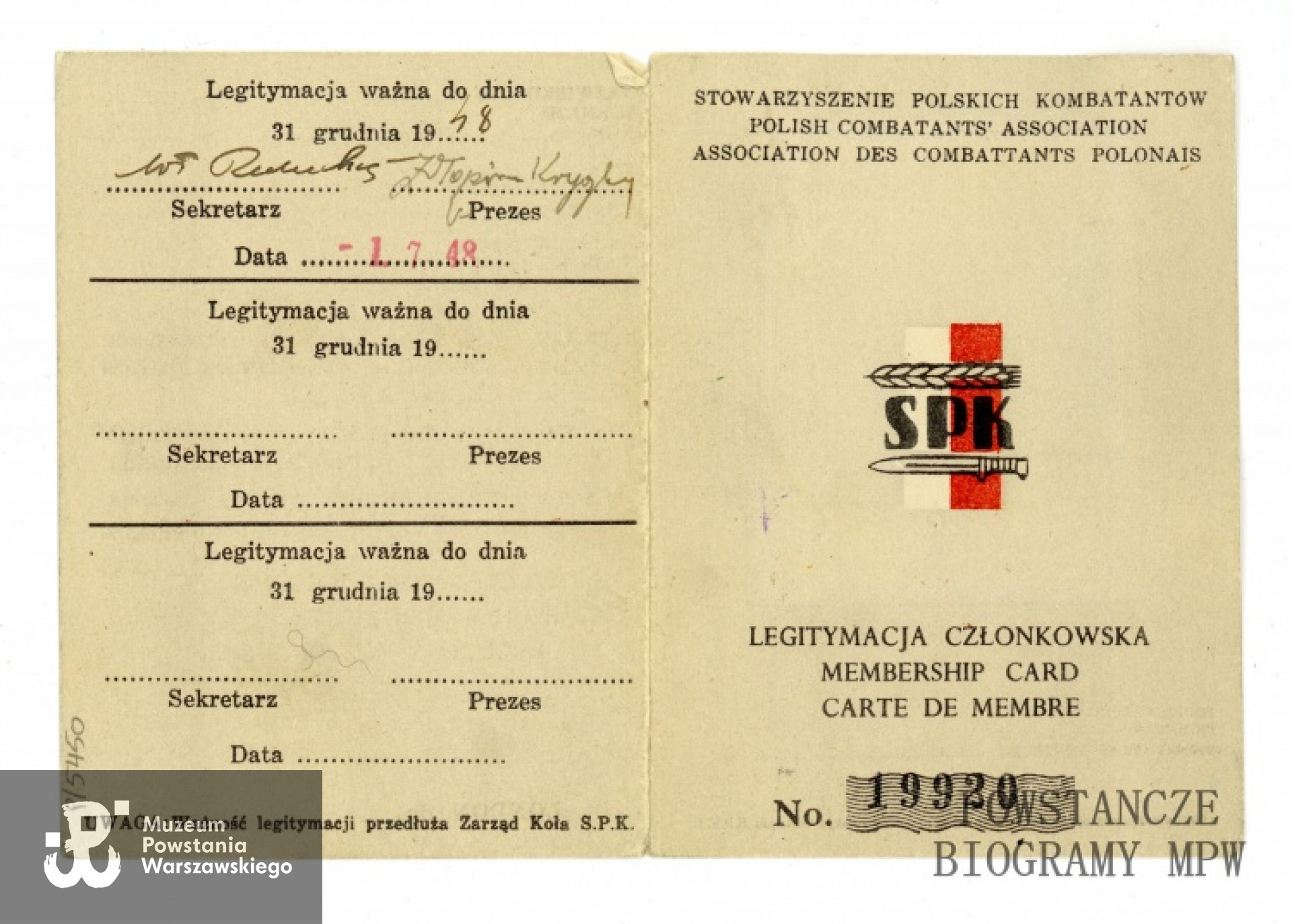 Legitymacja Stowarzyszenia Polskich Kombatantów. Ze zbiorów Muzeum Powstania Warszawskiego, sygn. P/5450