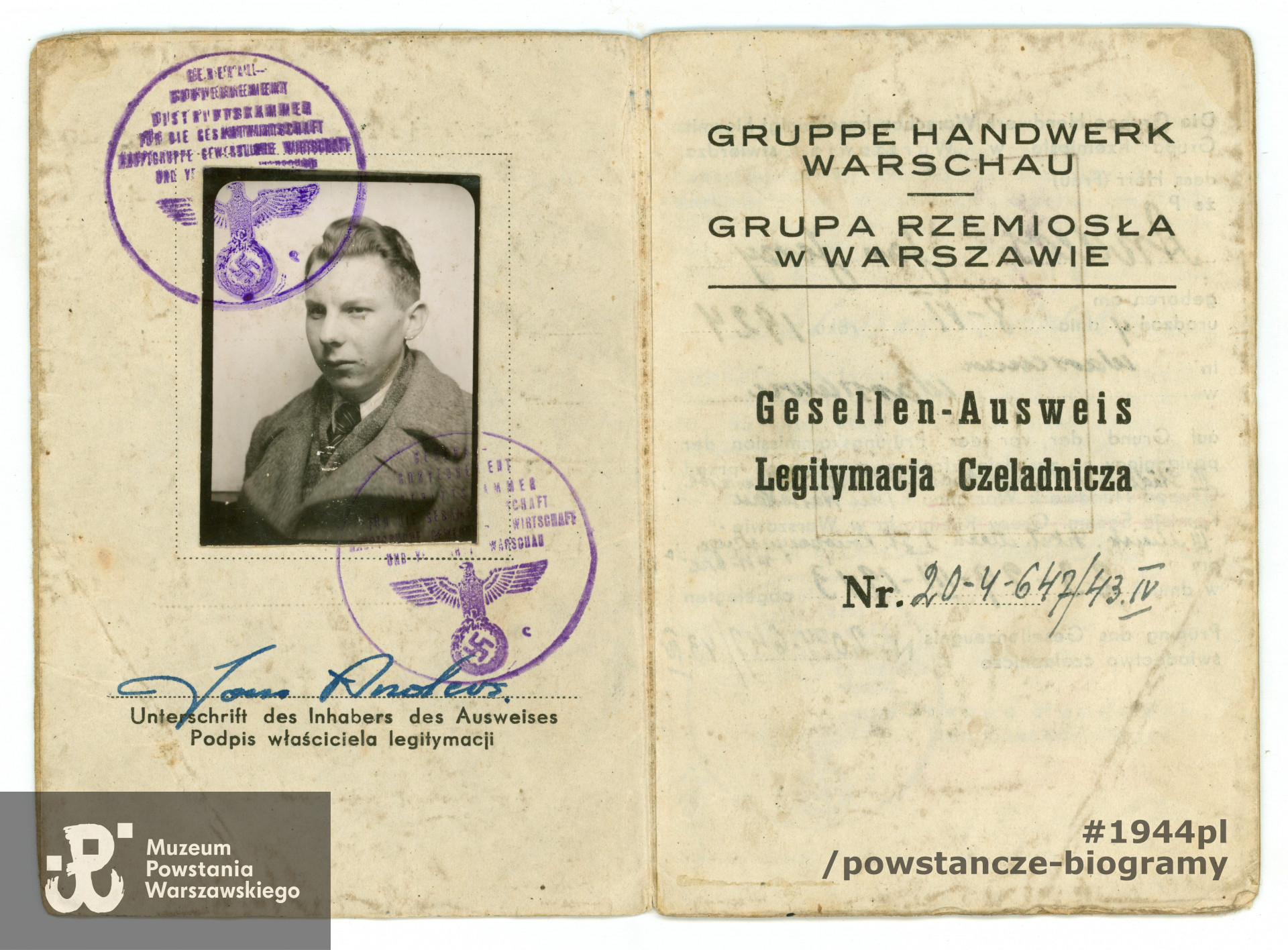 Legitymacja czeladnicza Jana Andersa - 1943 rok. Fot. archiwum rodzinne