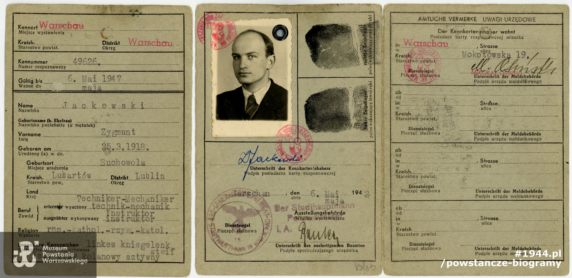 Kenkarta z  okresu okupacji niemieckiej. Wpisany zawód: technik-mechanik, instruktor. Z archiwum rodzinnego p. Stefana  Jackowskiego 
