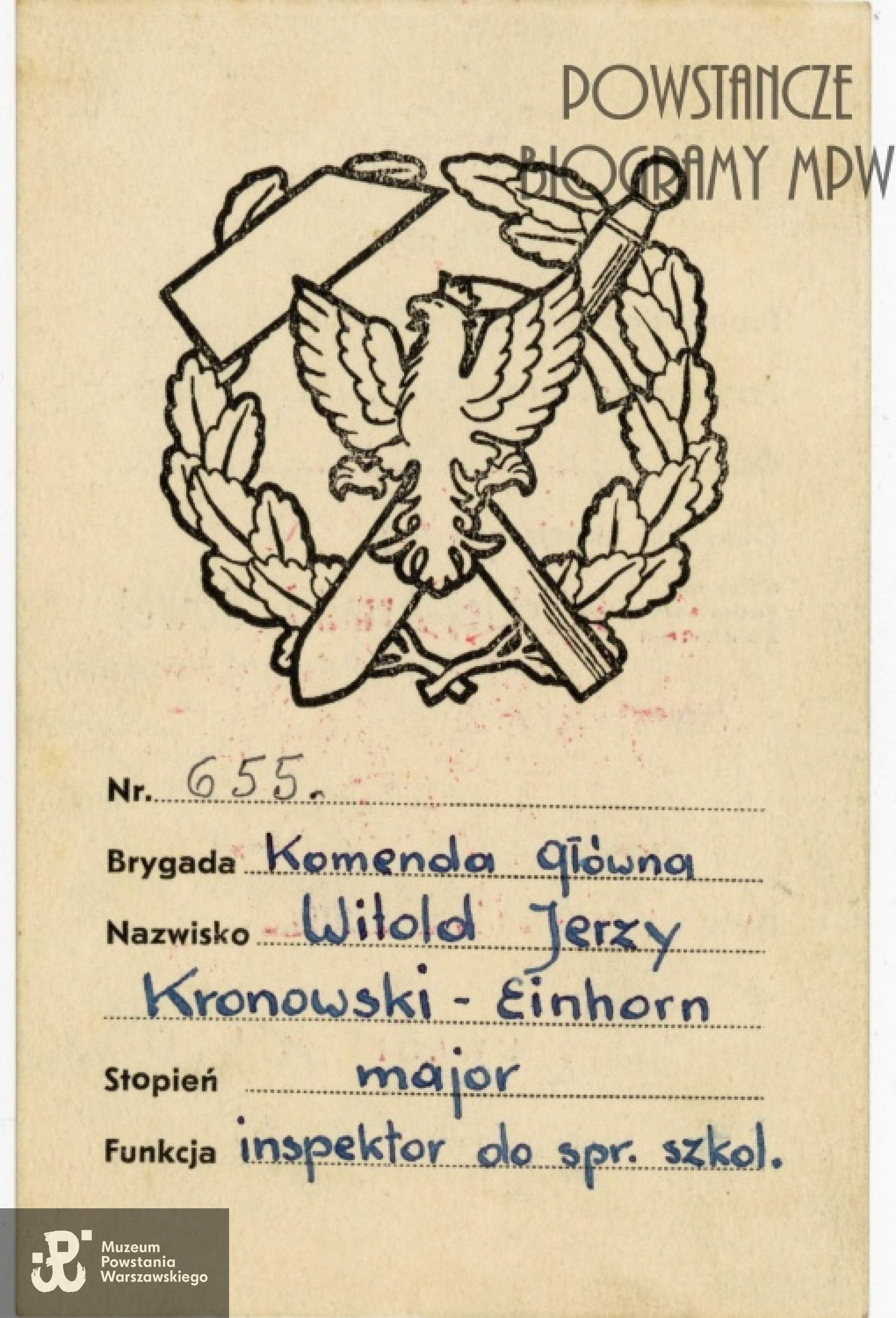 Legitymacja  KOP - PAL por. "Bohuna" (Kronowski - Einhorn Witold Jerzy). Ze zbiorów Muzeum Powstania Warszawskiego, sygn. P/7657