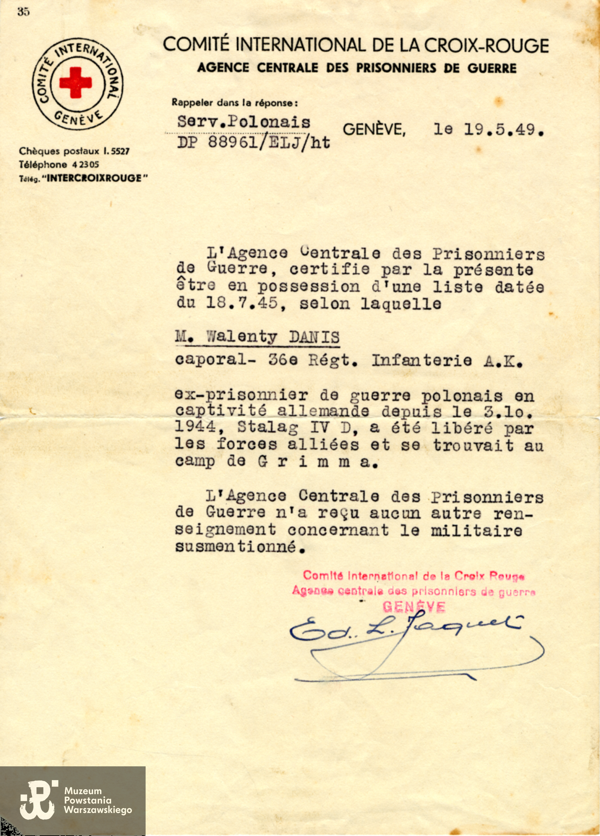 Zaświadczenie z Międzynarodowego Czerwonego Krzyża wystawione dla Walentego Danisa, Genewa, 19.05.1949 rok. Zbiory Muzeum Wojska Polskiego w Sydney, dar Mieczysława Danisa ps. Olgierd