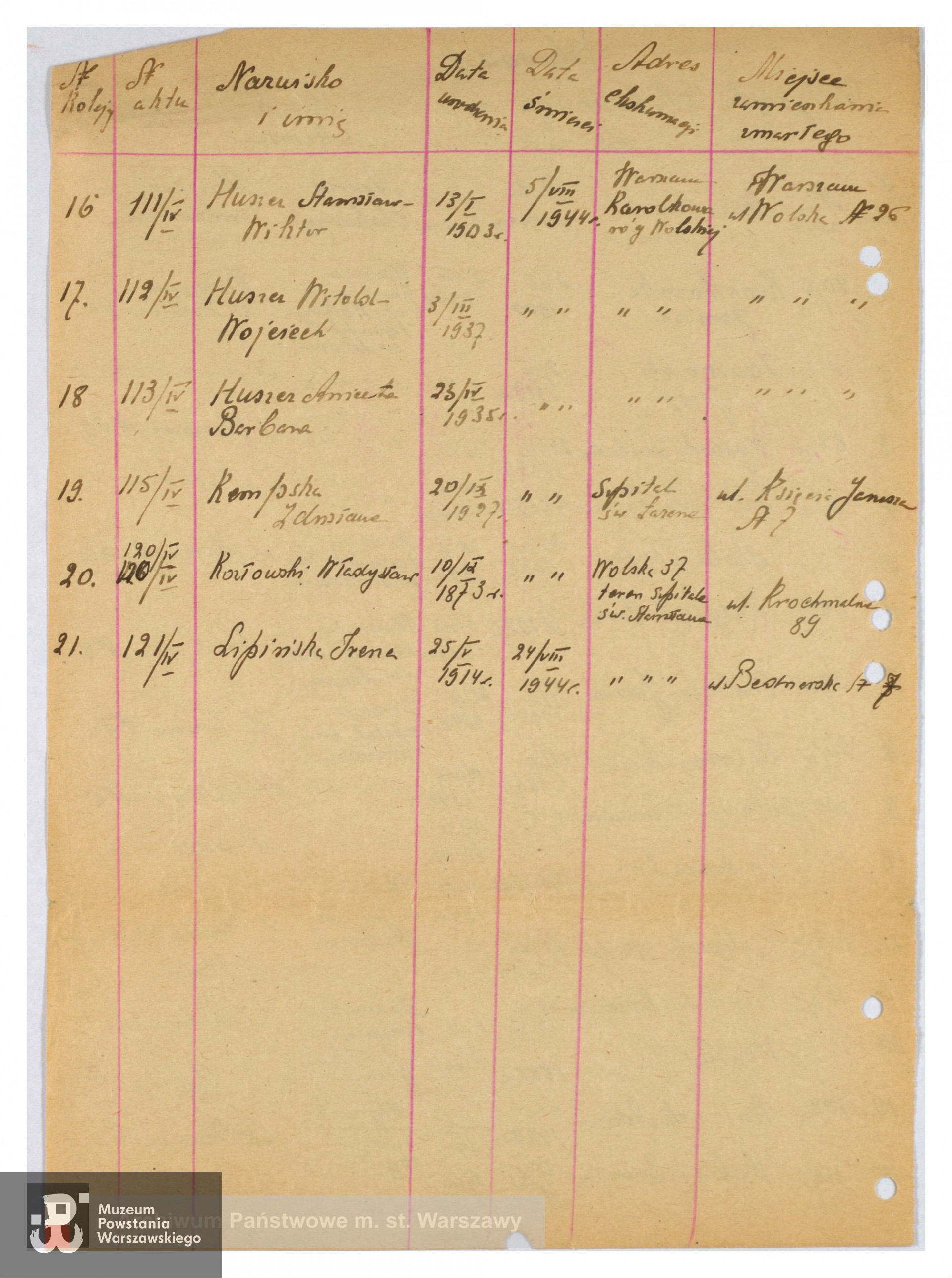 Archiwum Państwowe m. st. Warszawy - Listy ekshumowanych