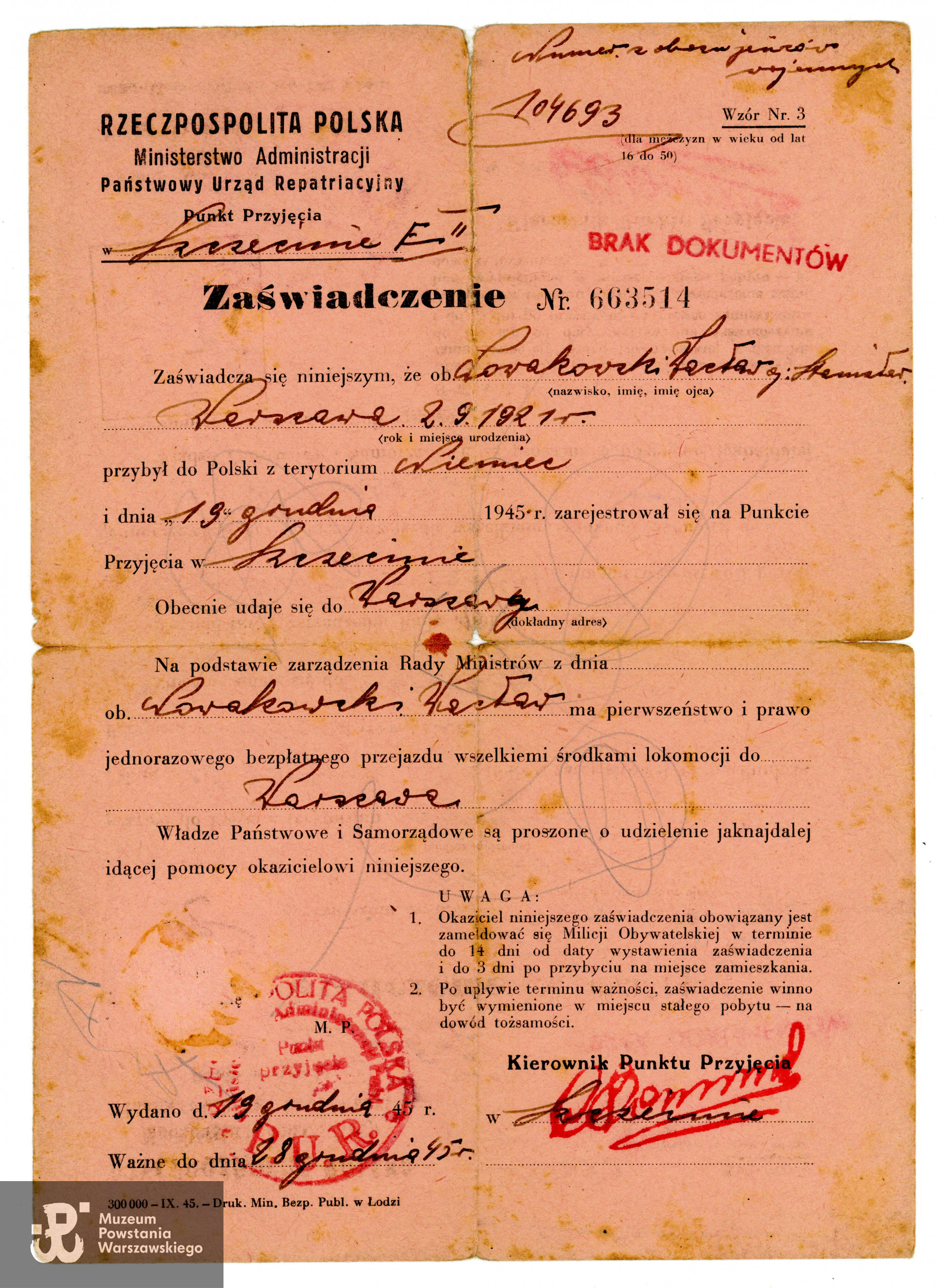 Zaświadczenie Państwowego Urzędu Repatriacyjnego. Ze zbiorów rodzinnych. Do wykonania skanu udostępniły  Elżbieta i Jolanta Wolańczyk, wnuczki