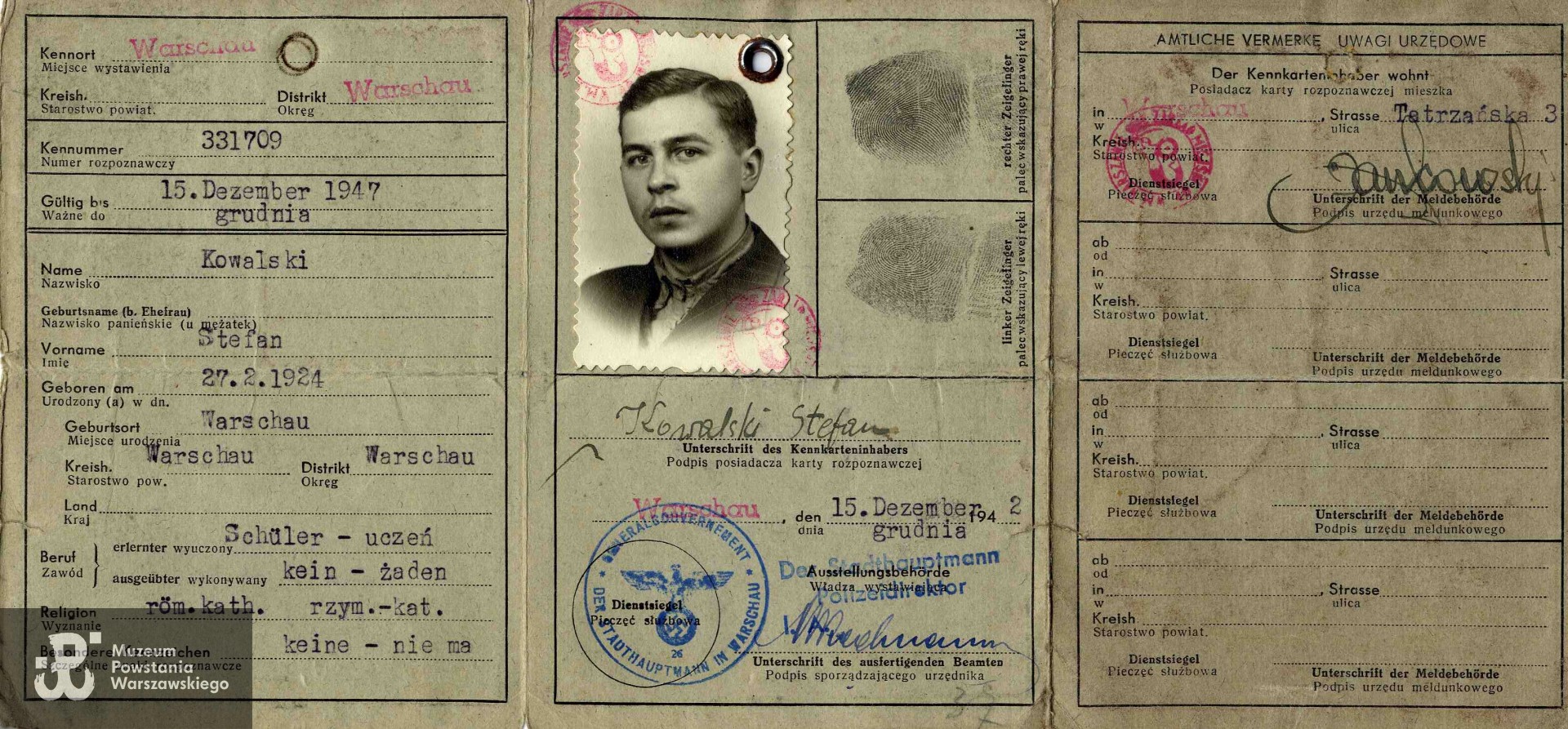 Kenkarta z okresu okupacji niemieckiej. Ze zbiorów Muzeum Powstania Warszawskiego, sygn. P/5132