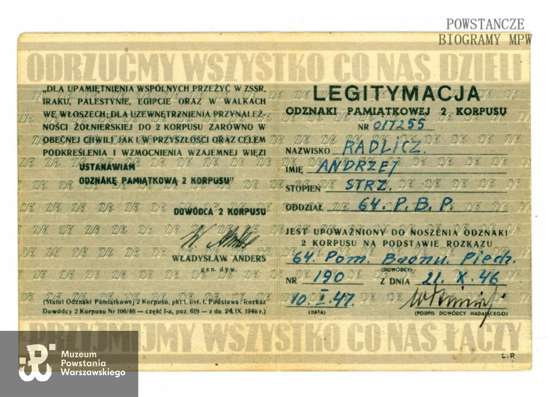 Legitymacja Odznaki Pamiątkowej 2 Korpusu. Fot. archiwum rodzinne