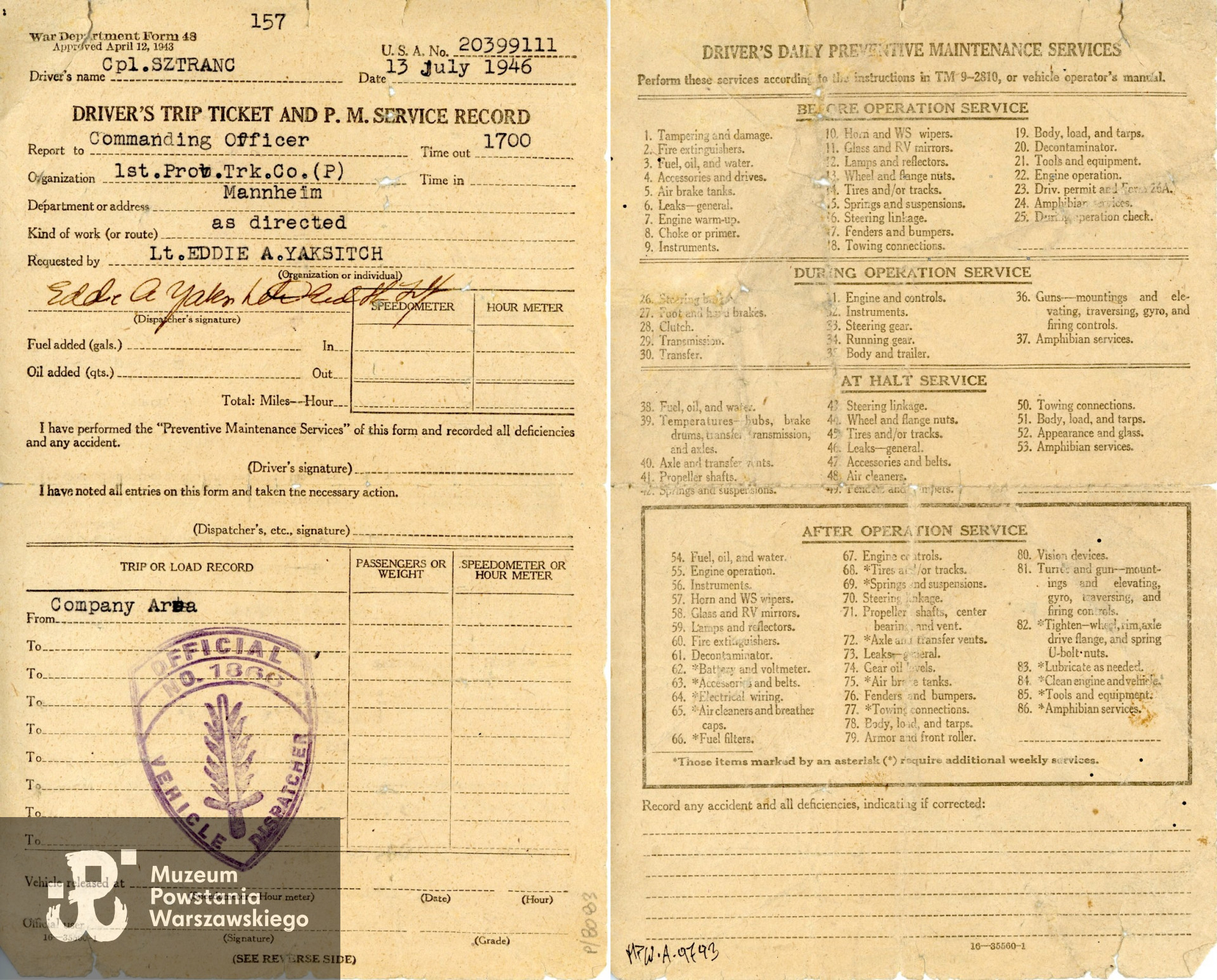 Amerykańska karta pracy kierowcy i obsługi pojazdu, należąca do Zdzisława Sztranca. Zbiory Muzeum Powstania Warszawskiego; sygn. MPW-A-9733.