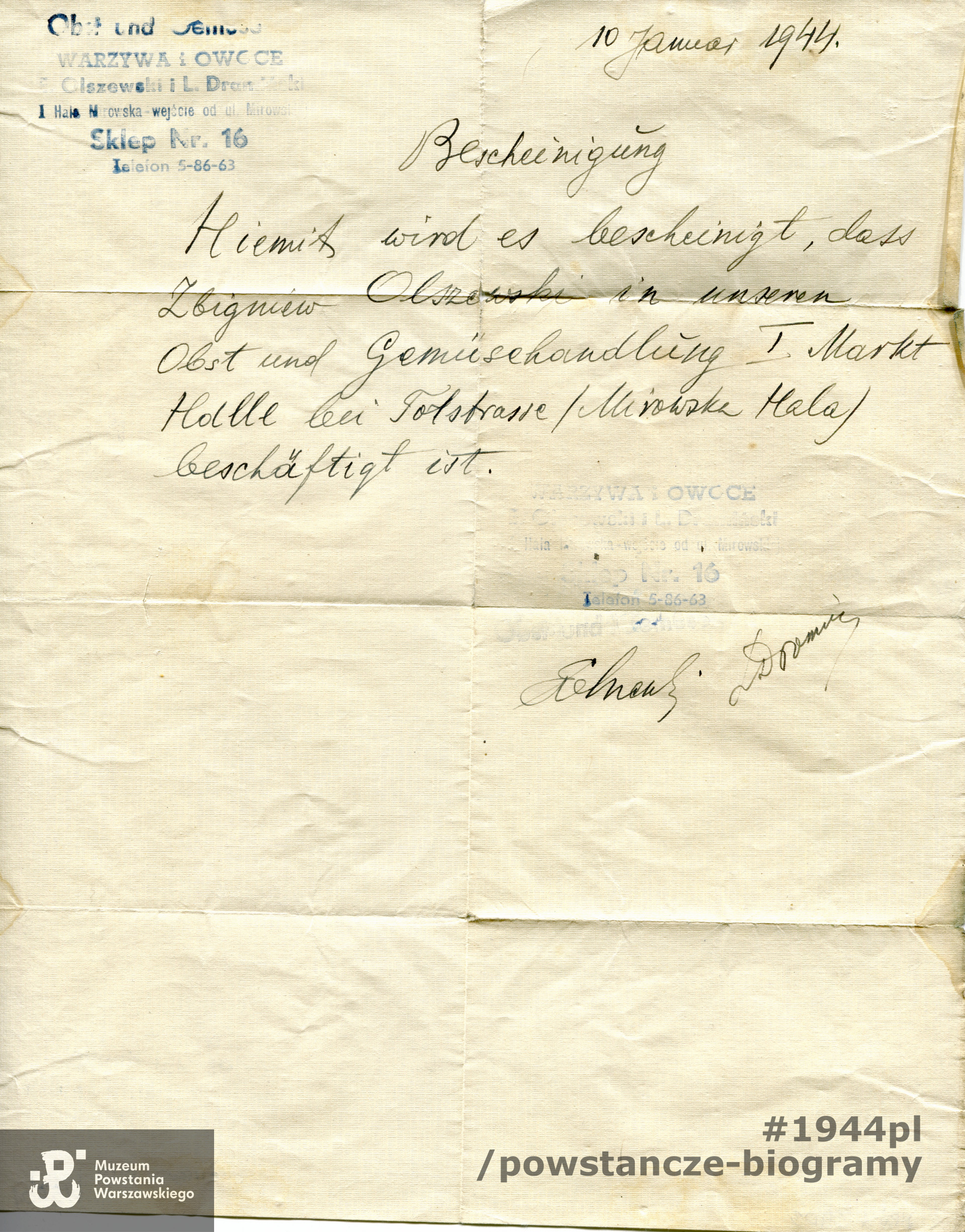 Zaświadczenie o zatrudnieniu Zbigniewa Olszewskiego w sklepie owocowo-warzywnym nr 16 w Hali Mirowskiej. Data wystawienia dokumentu - styczeń 1944 r. Ze zbiorów Muzeum Powstania Warszawskiego,  sygn. MPW-A-5403