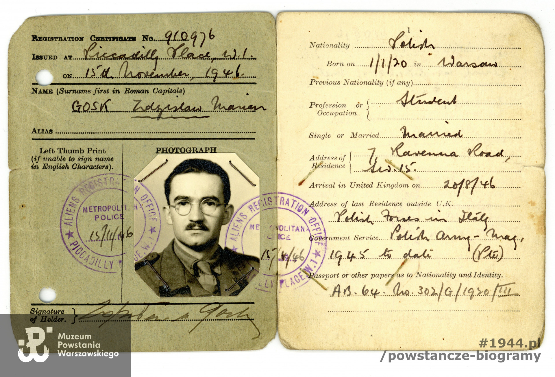 Certificate of Registration - dokument identyfikacyjny wystawiony na nazwisko Zdzisław Marian Gosk. Z archiwum rodzinnego, udostępnił p. Piotr Gosk