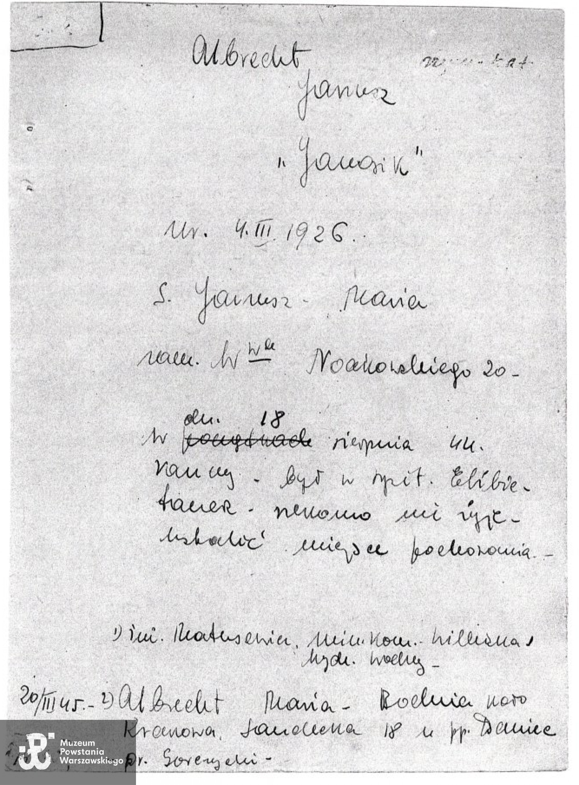 Poszukiwanie syna Janusza poprzez PCK - 1945 rok, źr. Polski Czerwony Krzyż, kartoteka poszukiwań, kserokopia: Teczki personalne uczestników Powstania Warszawskiego: Albrecht Janusz ps. Janosik
