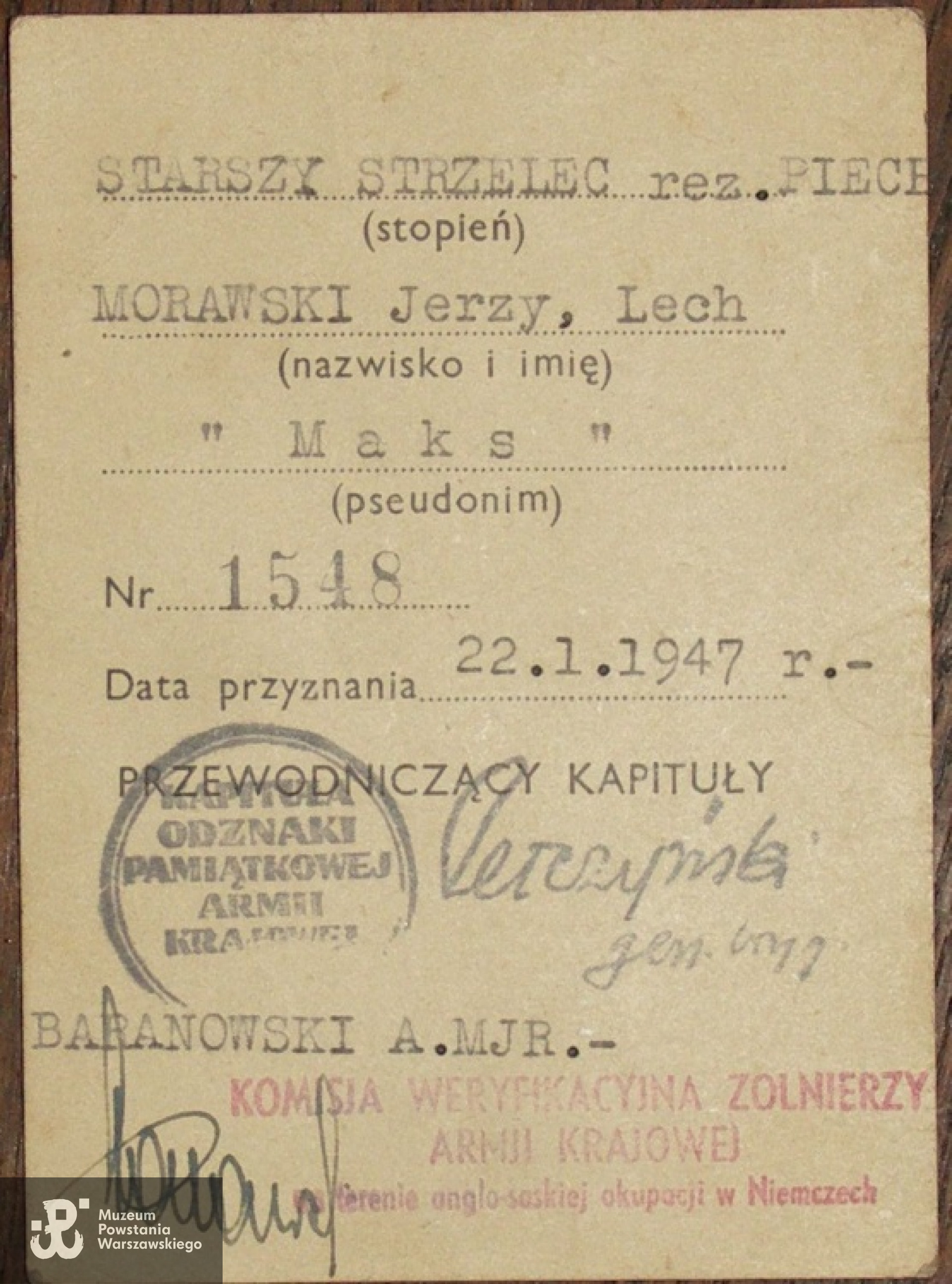 Legitymacja Odznaki Pamiątkowej Armii Krajowej. Fot.: archiwum rodzinne