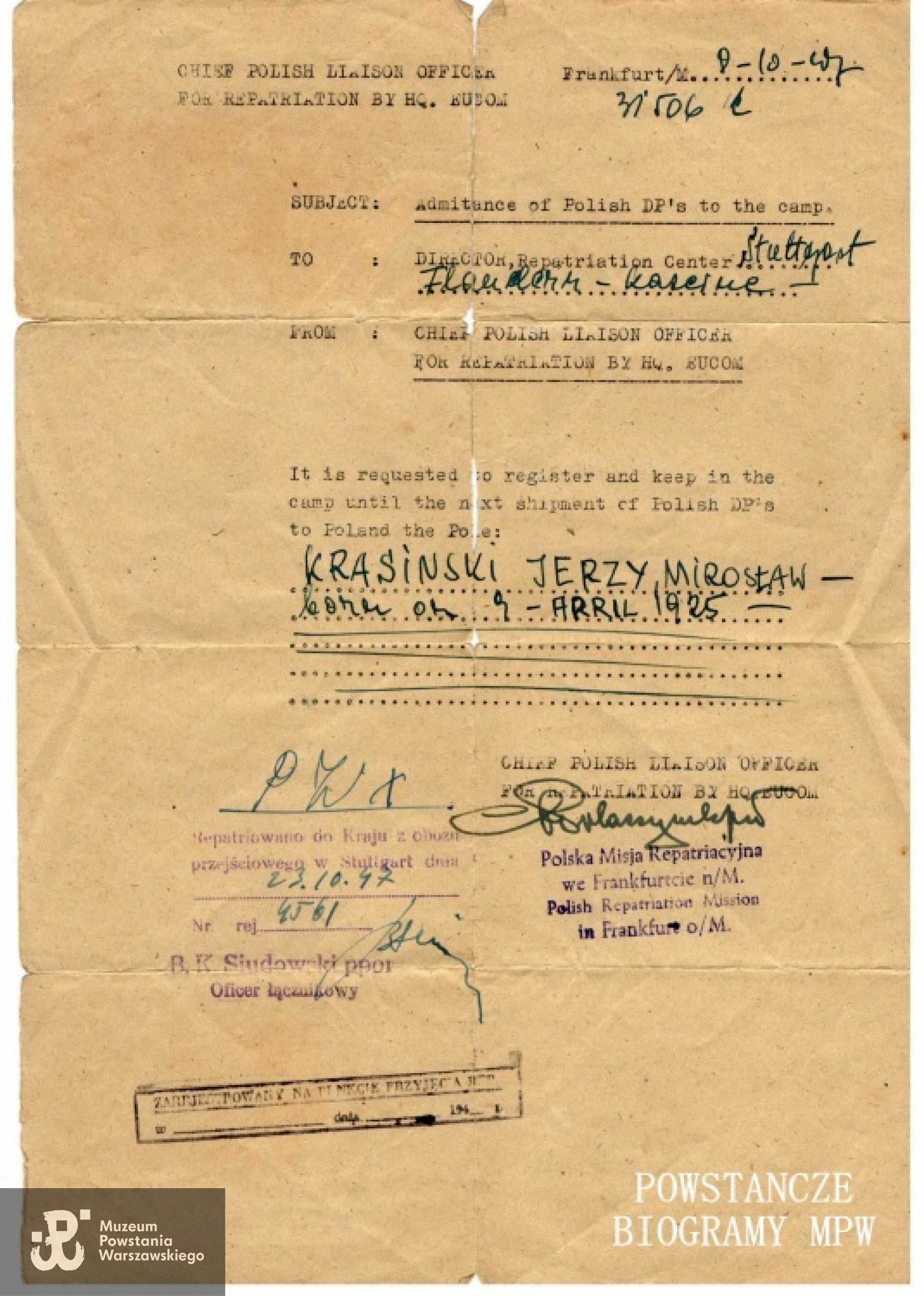 Dokument z archiwum rodzinnego p. Wiesławy Krasińskiej