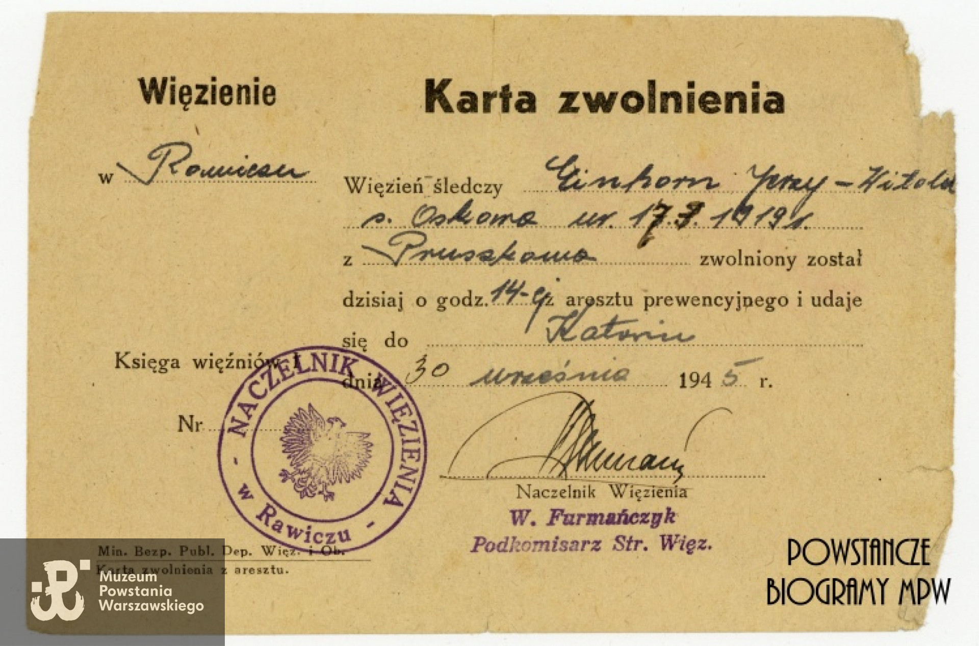 Karta zwolnienia z więzienia w Rawiczu - 30.09.1945 r. Ze zbiorów Muzeum Powstania Warszawskiego, sygn. P/7657