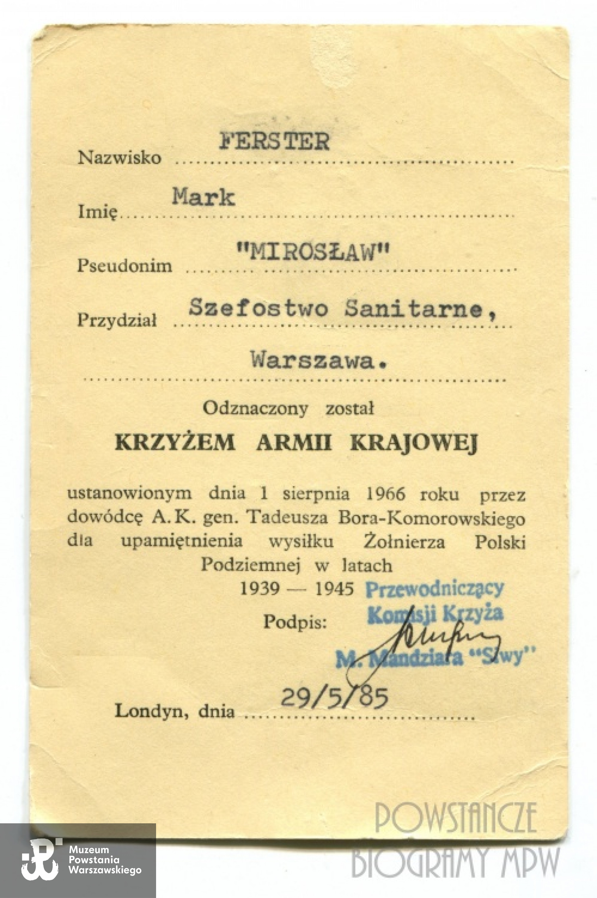 Legitymacja odznaczenia Krzyżem Armii Krajowej. Ze zbiorów rodzinnych