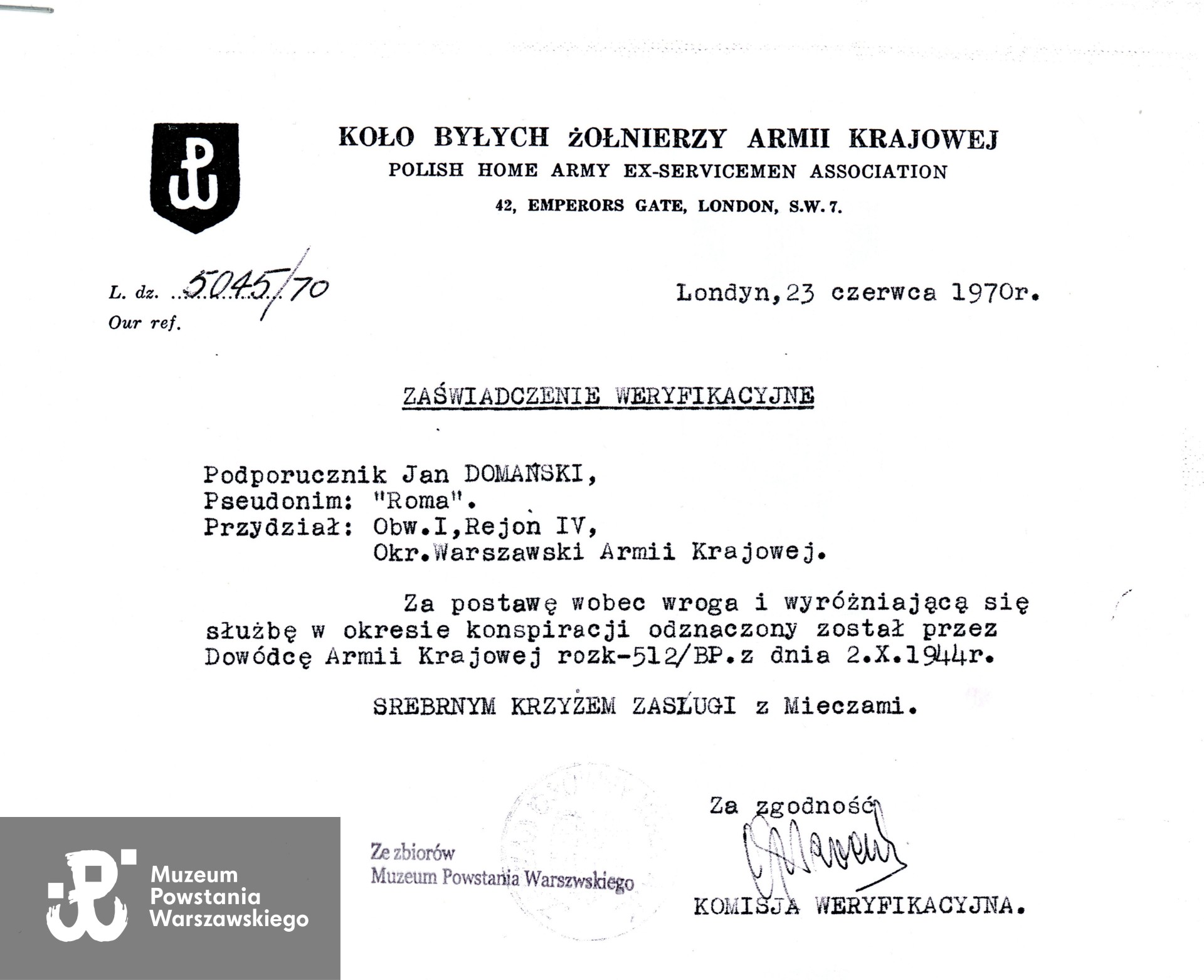 Źr. Muzeum Powstania Warszawskiego, Teczki personalne uczestników Powstania Warszawskiego: Domański Jan