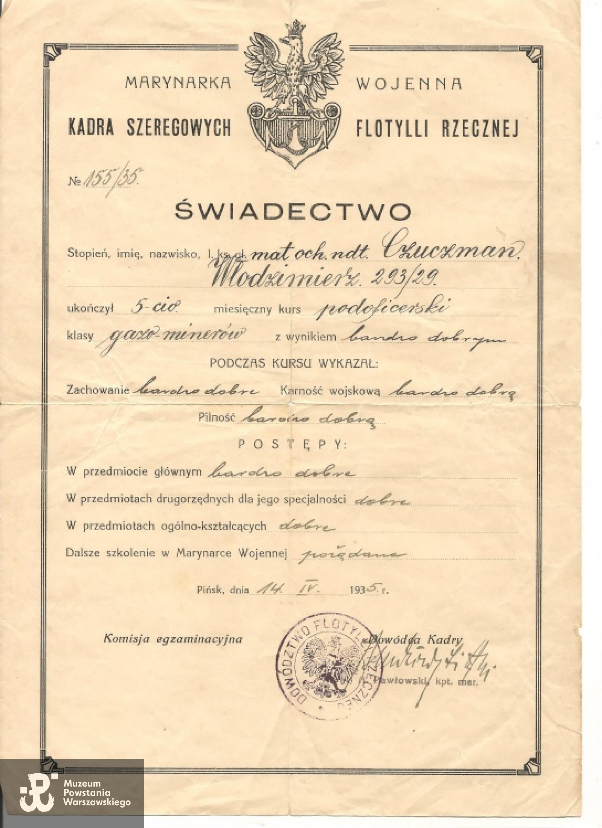 Świadectwo ukończenia kursu podoficerskiego gazominerów. Fot. archiwum rodzinne.