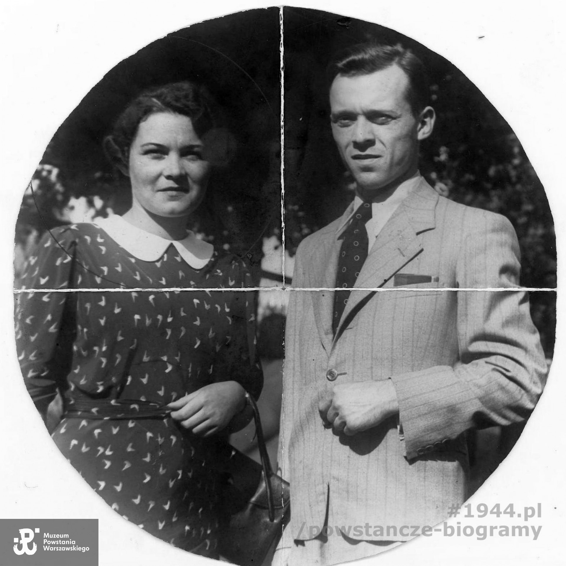 Fotografia przedstawiająca rodzeństwo: Irenę Nauman i Stefana Naumana. Zdjęcie z okresu okupacji, wykonane w Wołominie. Fotografia złożona na cztery części - wyjęta z ramki przez ojca (Karola Naumana) w czasie wypędzenia przez Niemców z Wołomina. Ze zbiorów Muzeum Powstania Warszawskiego, sygn. P/7410/11