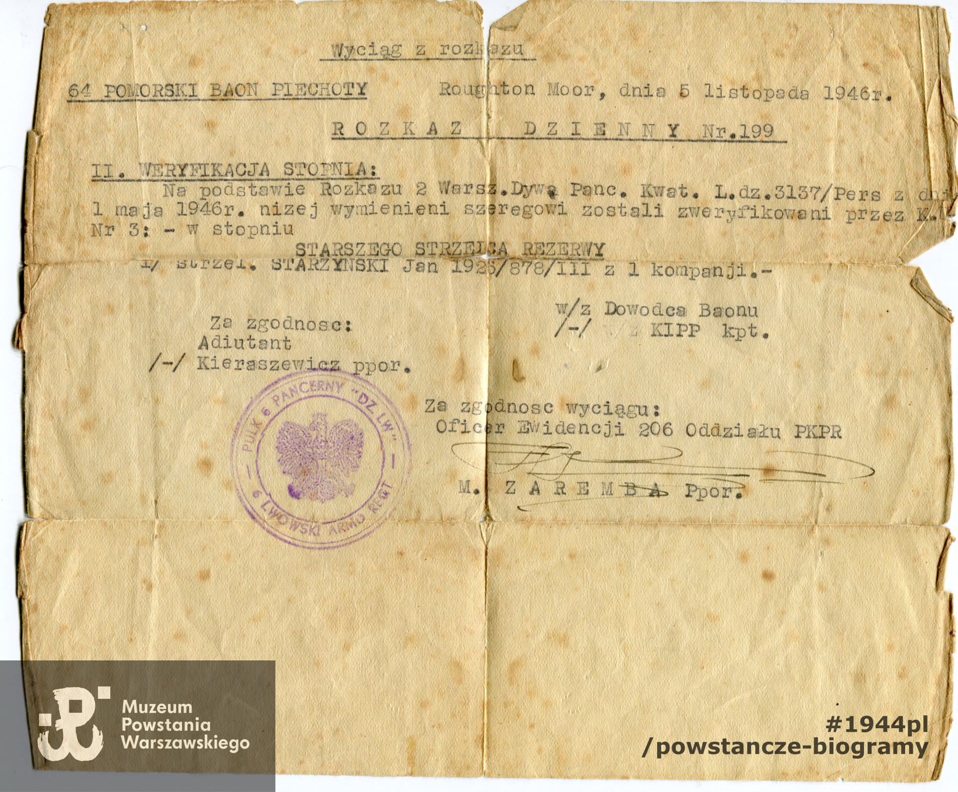 Wyciąg z rozkazu - zaświadczenie o weryfikacji stopnia. Dokument  z archiwum rodzinnego p. Iwony Powierzy