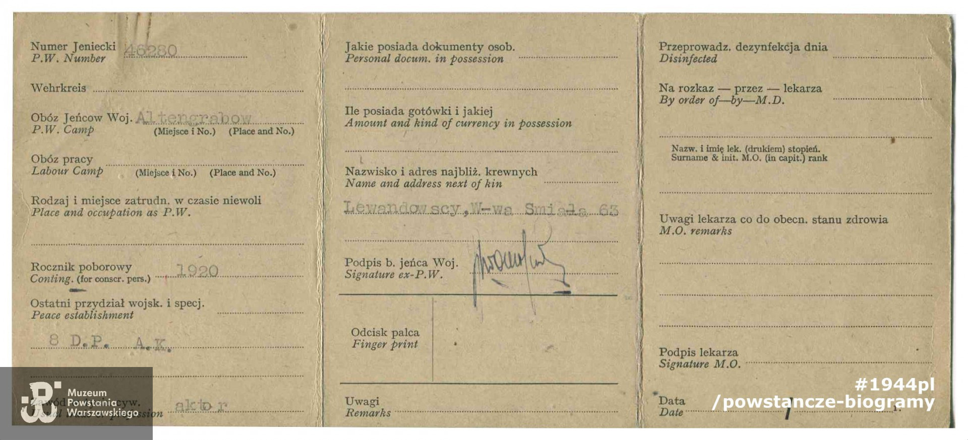 Należąca do Roberta "Boba" Lewandowskiego Legitymacja Byłego Jeńca Wojennego. Dokument wystawiony przez Polskie Siły Zbrojne na nazwisko Bronisław Lewandowski. Zbiory Muzeum Powstania Warszawskiego, sygn. MPW-A/5662 (P/5478).