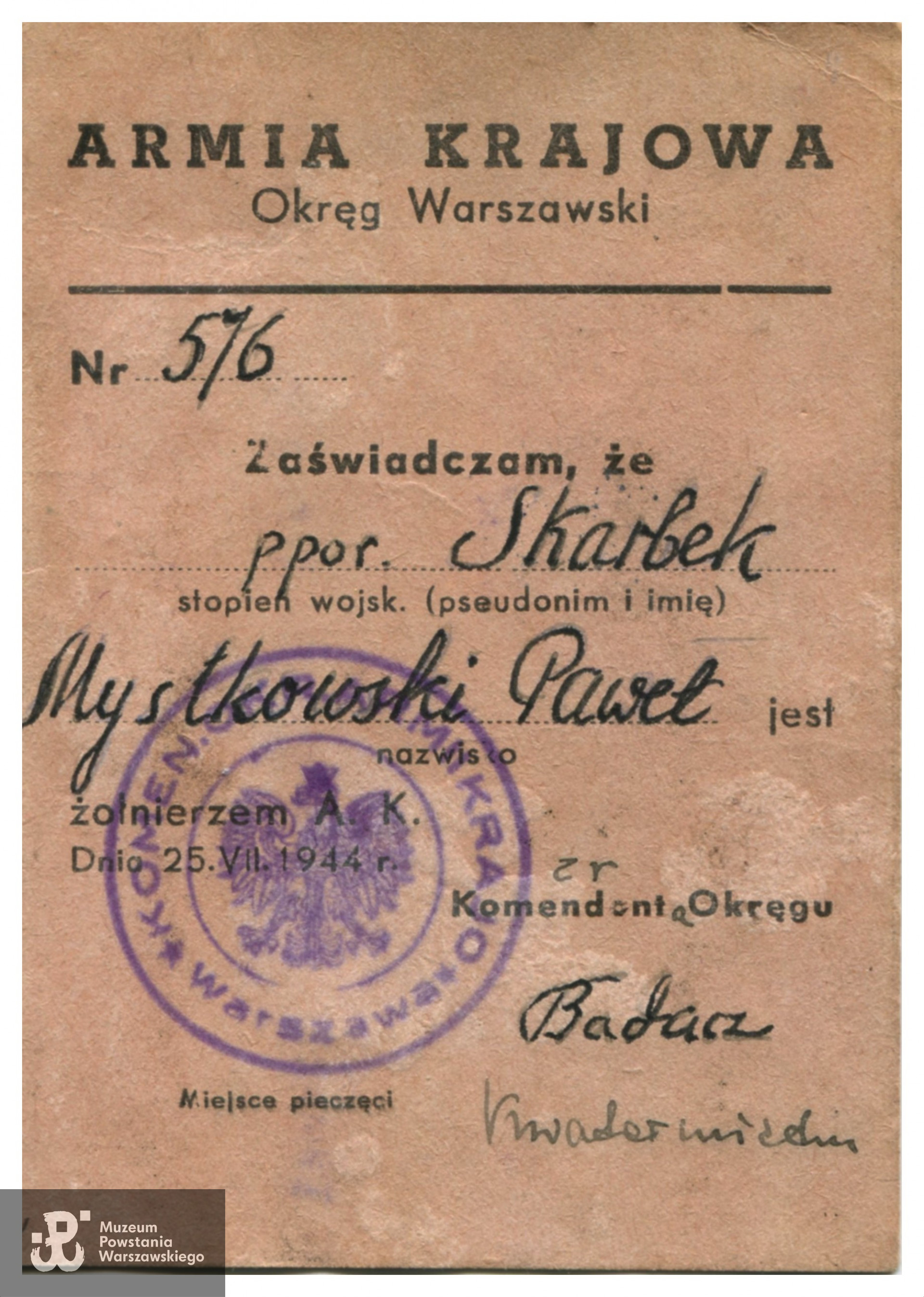 Legitymacja Armii Krajowej. Dokument  ze zbiorów rodzinnych