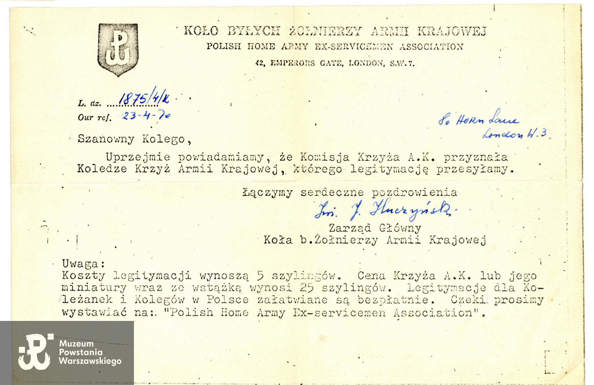 List od Zarządu Głównego Koła Byłych Żołnierzy AK w Londynie. Ze zbiorów prywatnych p. Mikołaja Paciorka