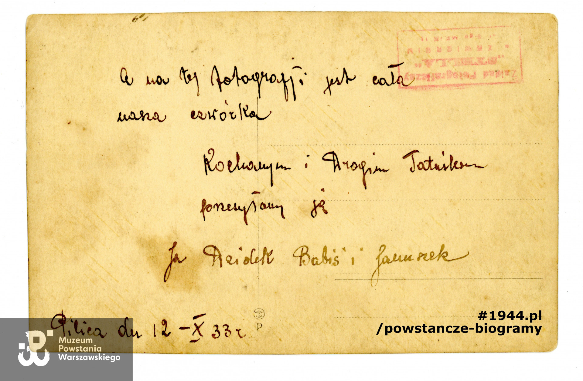 Rewers zdjęcia wraz z dedykacją. Fotografia z archiwum rodzinnego synowej, p. Alicji Modelskiej