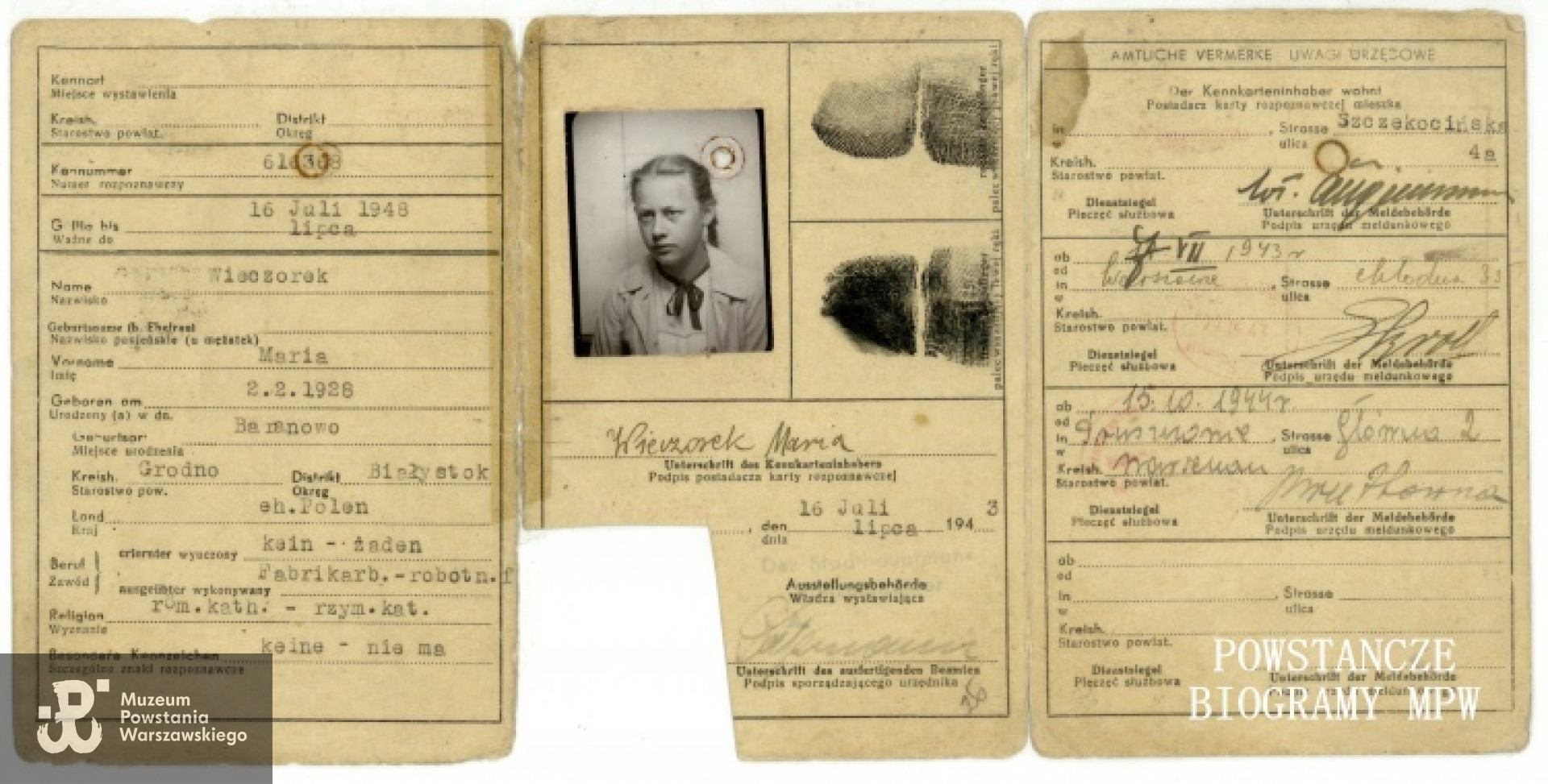 Kenkarta Marii Wieczorek - 1943 rok.  Ze zbiorów Muzeum Powstania Warszawskiego, sygn. P/8272