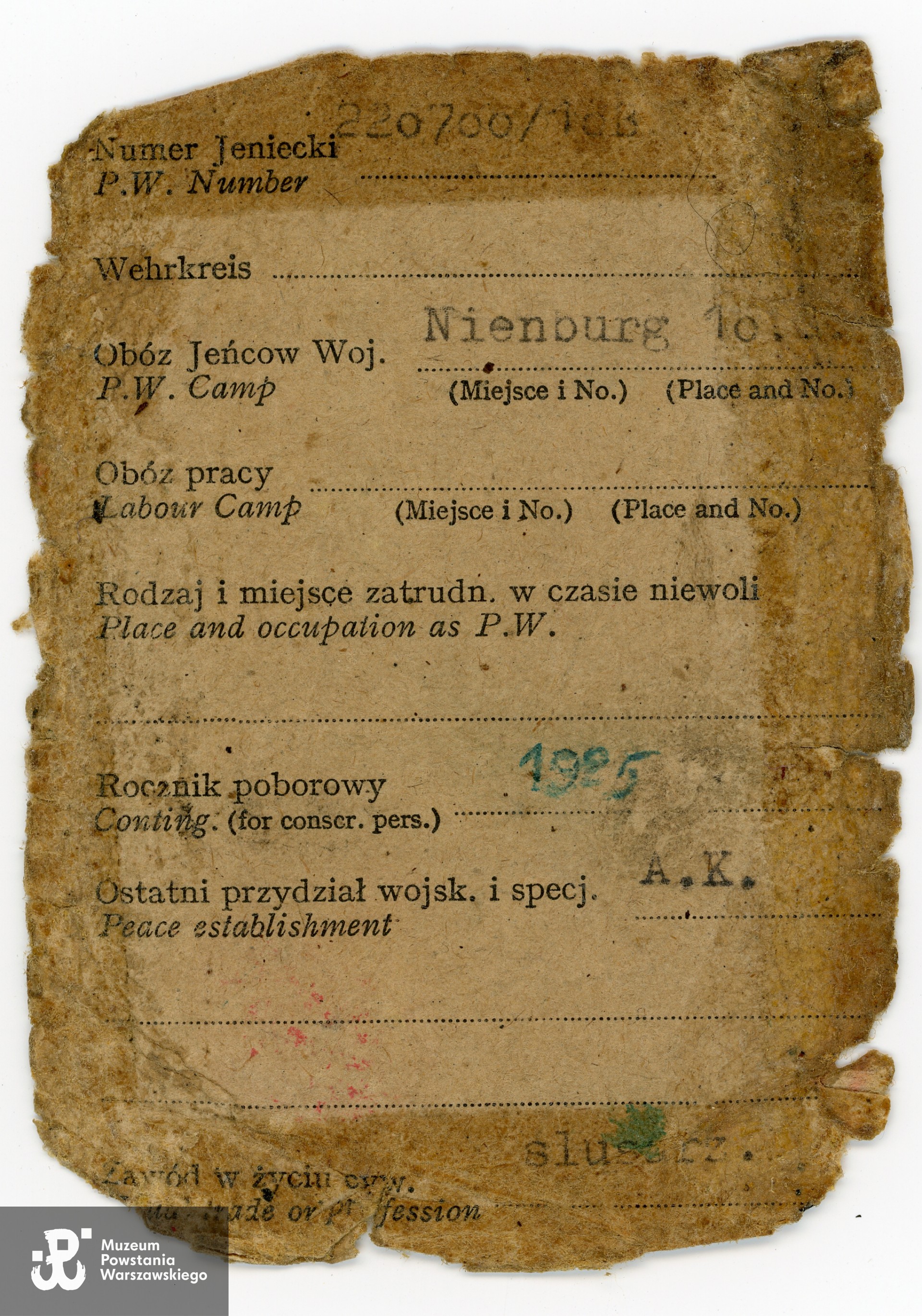 Fragment należącej do Wacława Krześniaka Legitymacji Byłego Jeńca Wojennego. Skan udostępnił p. Jan Zdrojek