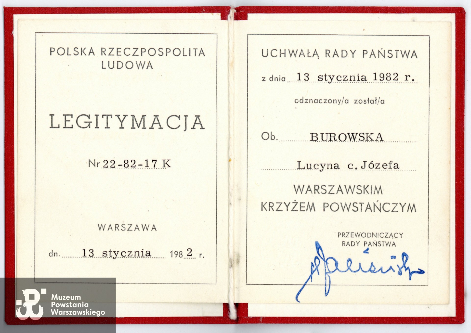 Legitymacja odznaczeniowa - Warszawski Krzyż Powstańczy.  Ze zbiorów Muzeum Powstania Warszawskiego, P/10053/25, dar p. Marii Burowskiej 