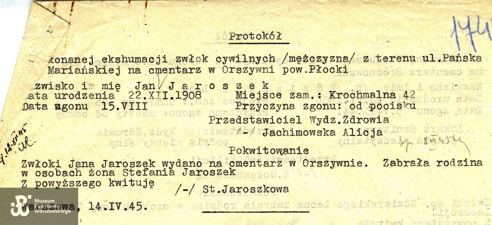  Polski Czerwony Krzyż Lista  Strat 001747 - protokół z ekshumacji zwłok z pokwitowaniem żony, Stefanii Jaroszkowej. Ze zbiorów Polskiego Czerwonego Krzyża