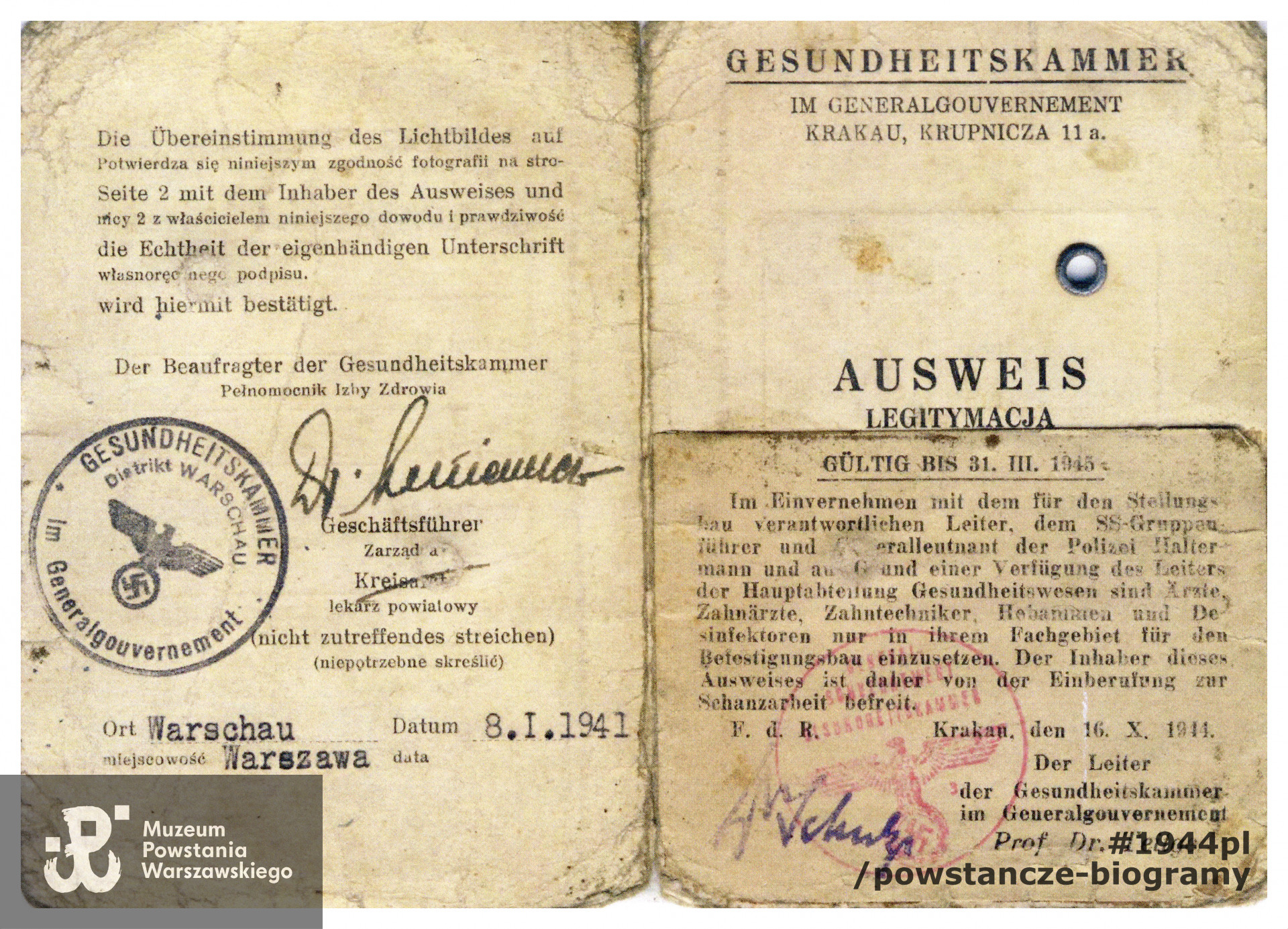 Należący do dr. Hieronima Bartoszewskiego Ausweis z okresu okupacji niemieckiej (1941). Dokument ze  zbiorów rodzinnych