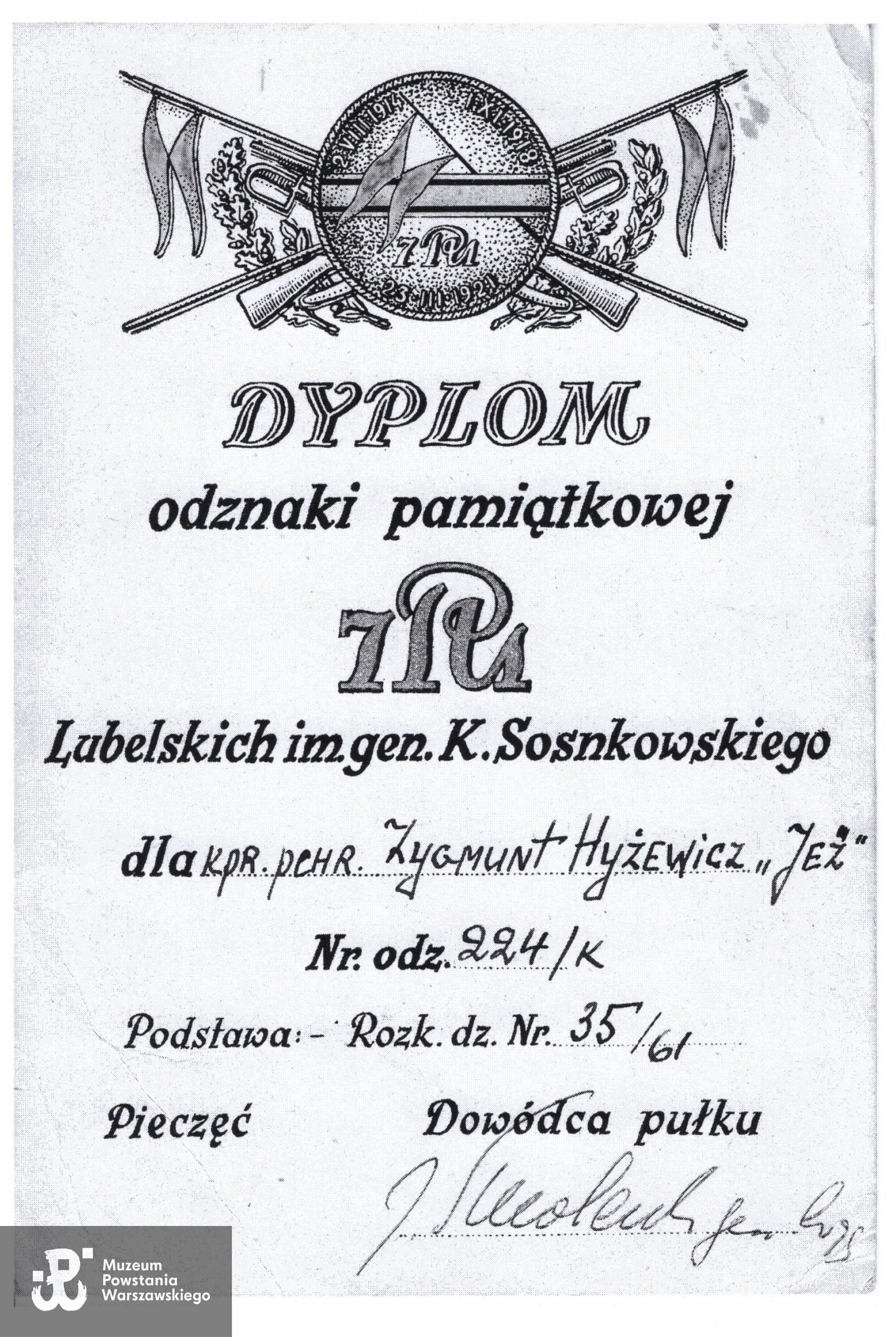  Teczki personalne uczestników Powstania Warszawskiego: Hyżewicz Zygmunt, zasób Pokoju Kombatanta MPW