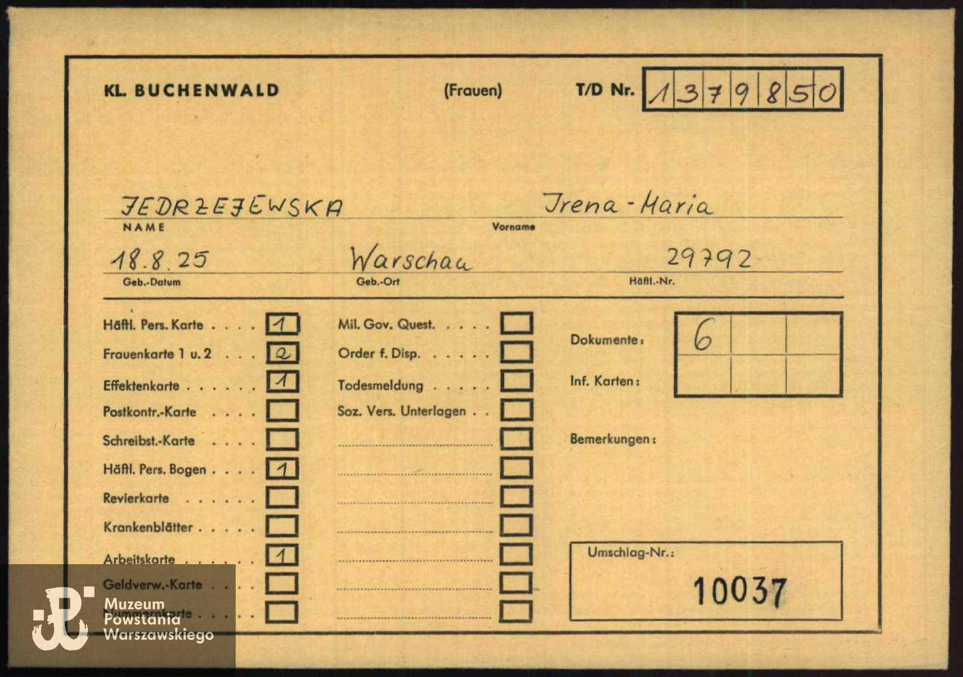 Muzeum Powstania Warszawskiego, Teczki personalne uczestników Powstania Warszawskiego: Jędrzejewska Irena Maria, zasób Pokoju Kombatanta MPW