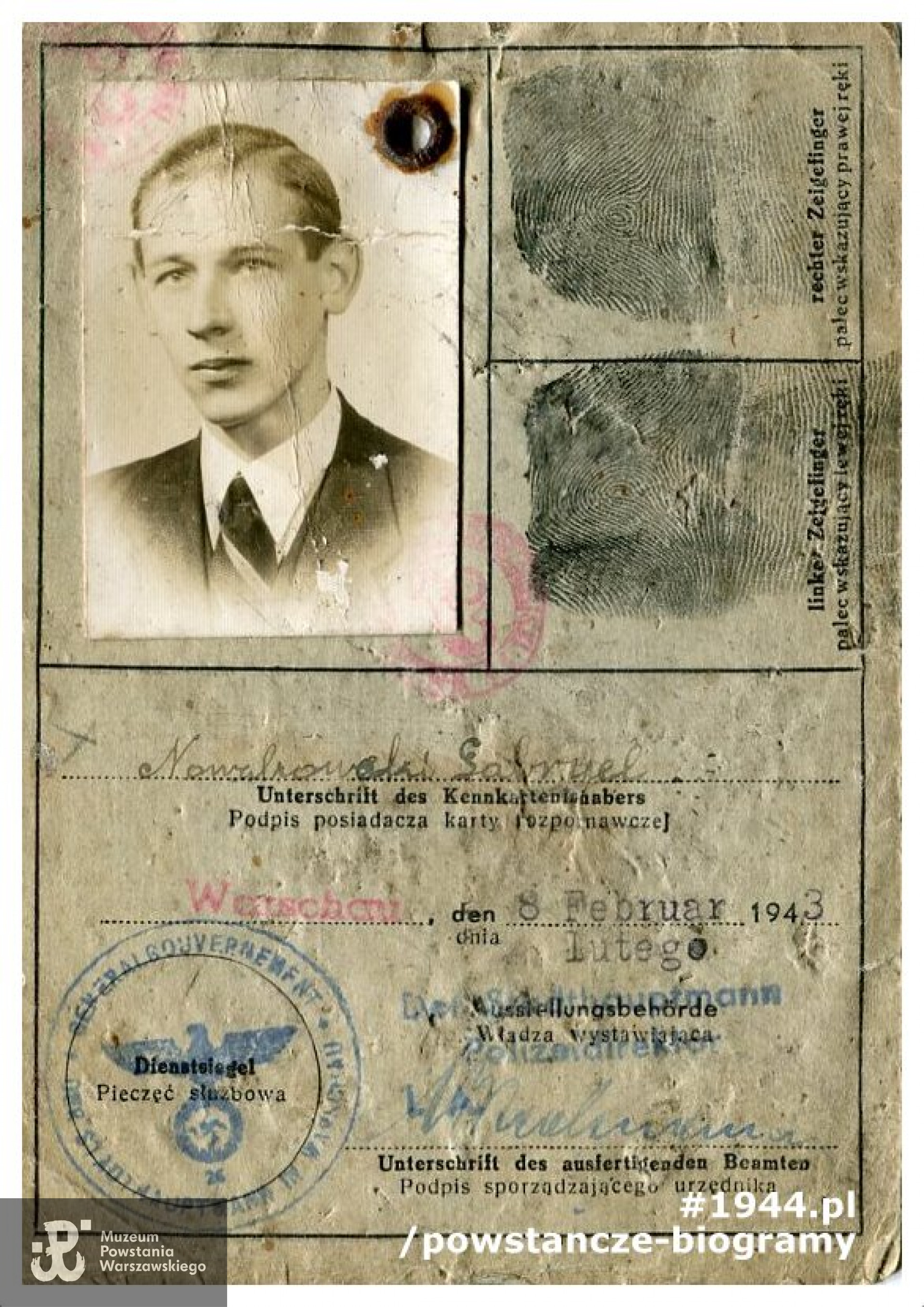 Fragment  kenkarty (niem. Kennkarte - karta rozpoznawcza).  Ze zbiorów Muzeum Powstania Warszawskiego, sygn. MPW-A-2785 (P/2181)