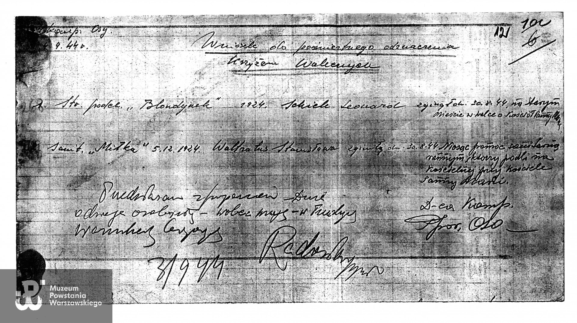 Kopia wniosku z dn. 4.09.1944 o pośmiertne odznaczenie sanitariuszki Sławomiry Waltratus Krzyżem Walecznych, skan z kserokopii, źródło: Muzeum Powstania Warszawskiego, Teczki personalne uczestników Powstania Warszawskiego: Waltratus Sławomira Zofia, zasób Działu Kombatanta MPW