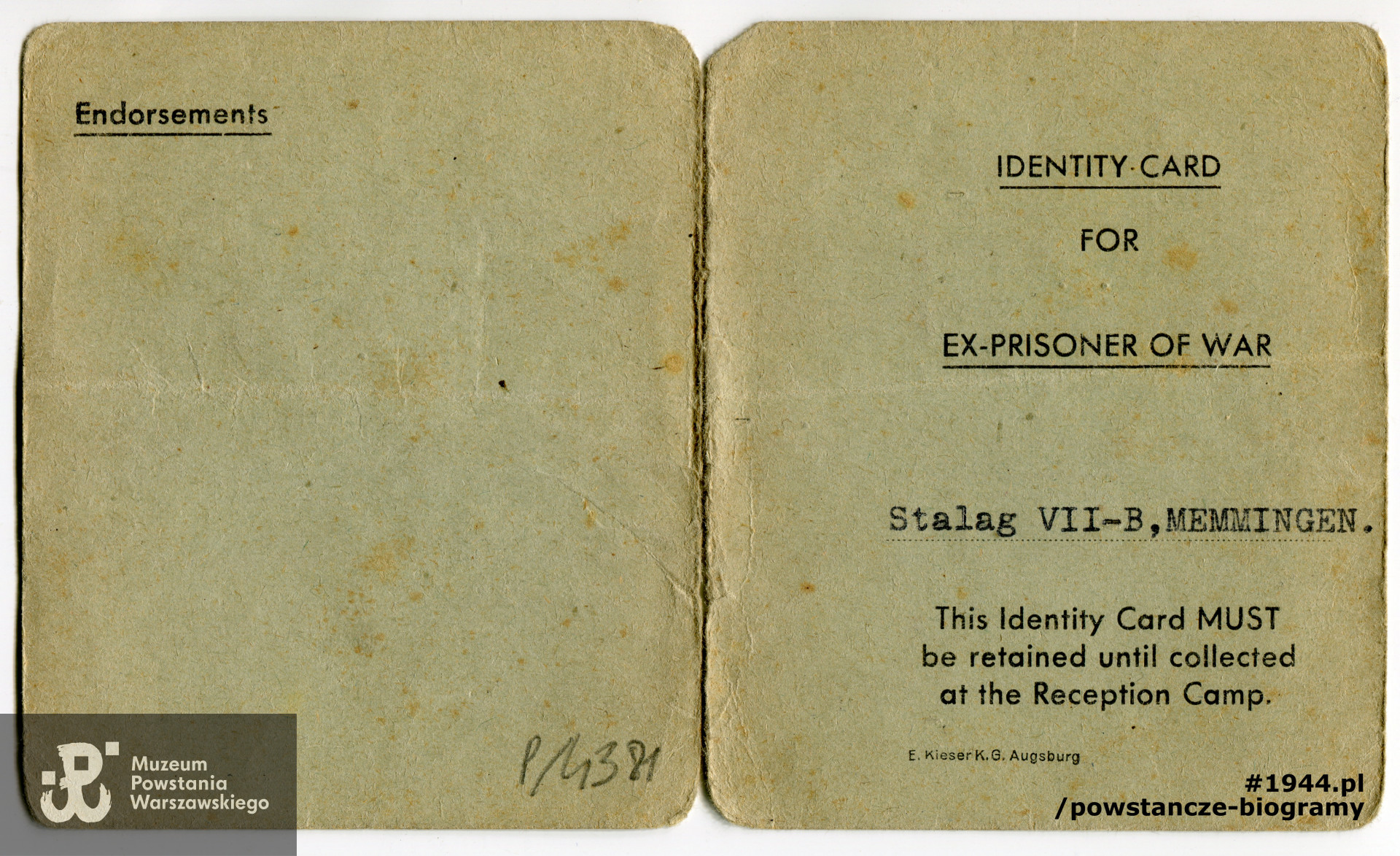  Identity Card ex prisoner of war - dokument w języku angielskim  wystawiony po wyzwoleniu w Memmingen. Ze zbiorów Muzeum Powstania Warszawskiego, sygn. P/4381, przekazał p. Adam Berkieta