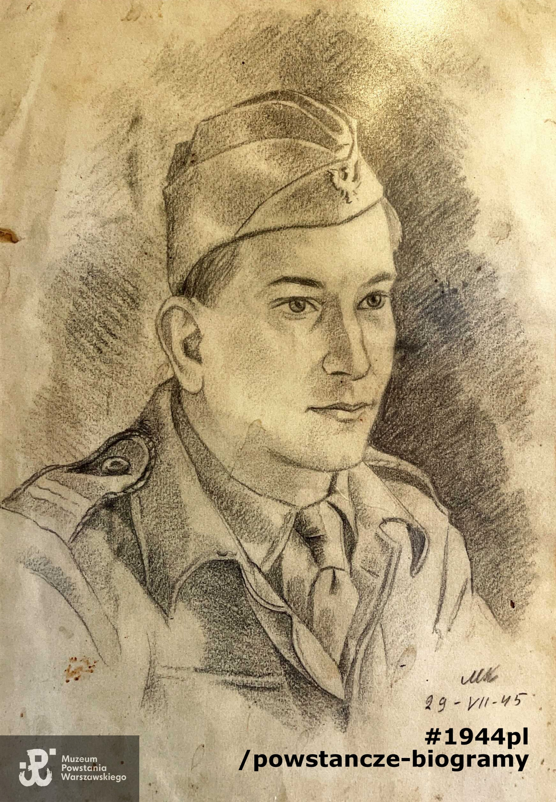 Janusz Chełmiński w umundurowaniu typu Battledress - portret wykonany ołówkiem ok. 1945 r. Ze zbiorów rodzinnych p. Piotra Chełmińskiego