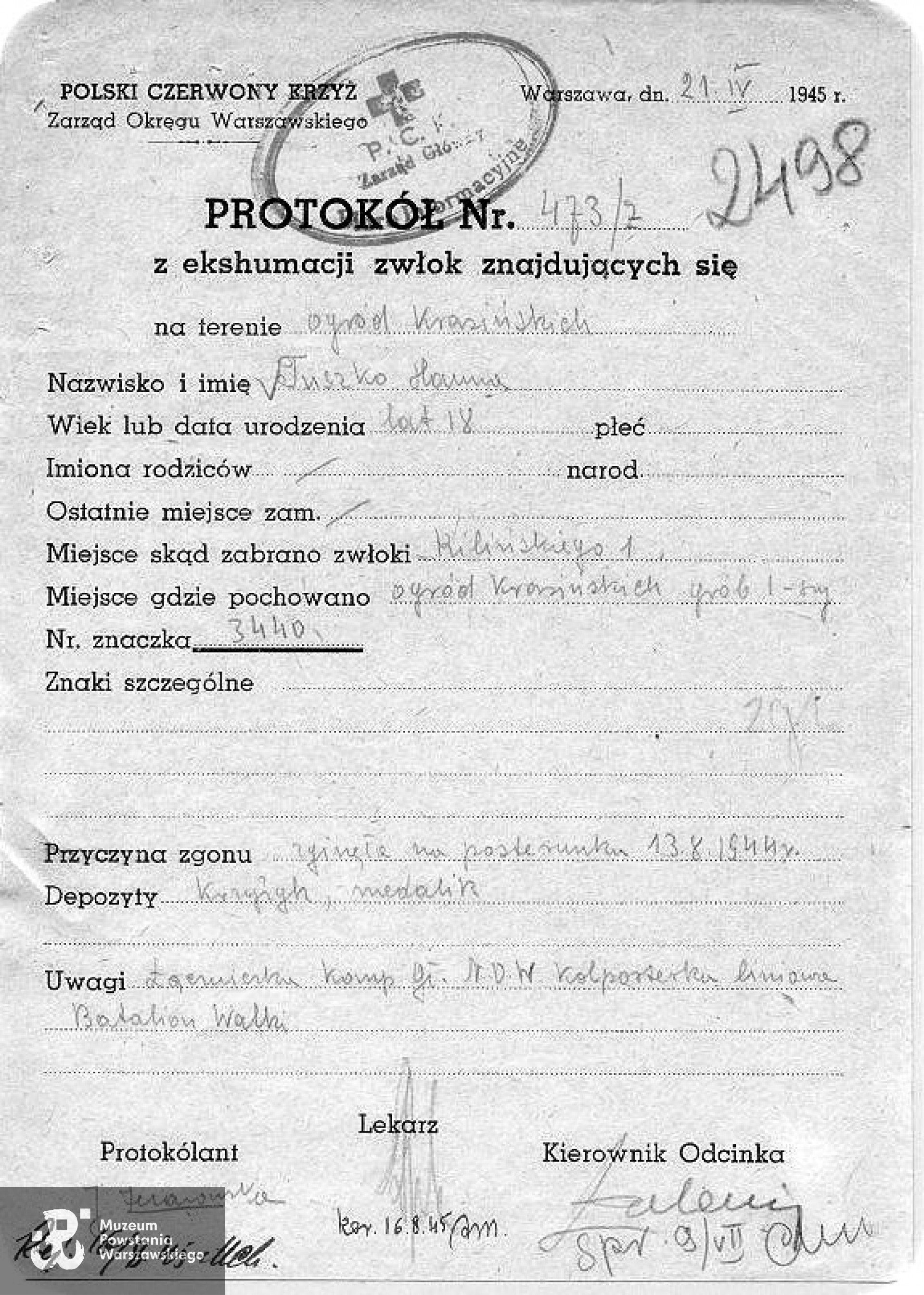Polski Czerwony Krzyż - Lista strat 2498: Protokół ekshumacji zwłok nr 473/Ż z 21 kwietnia 1945 roku -  numer znaczka PCK 3440