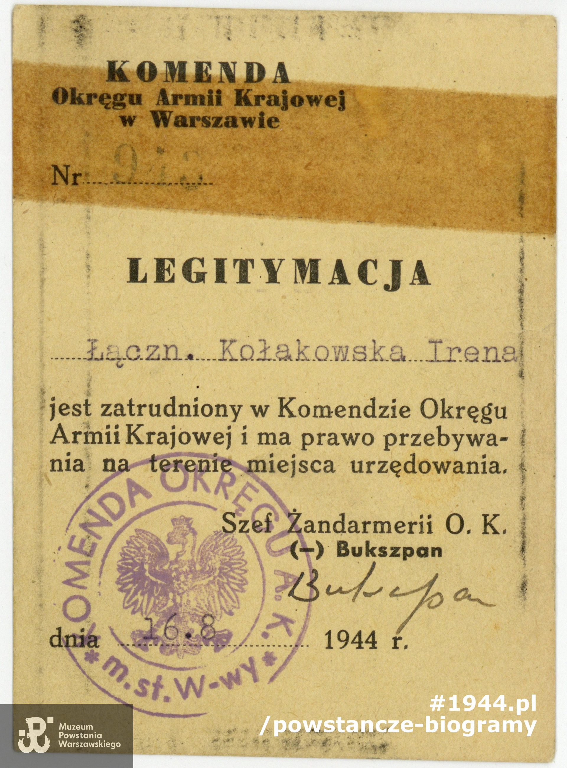 Legitymacja wystawiona przez Komedę Okręgu Warszawskiego AK. Z archiwum rodzinnego córki, p. Joanny Brejnak