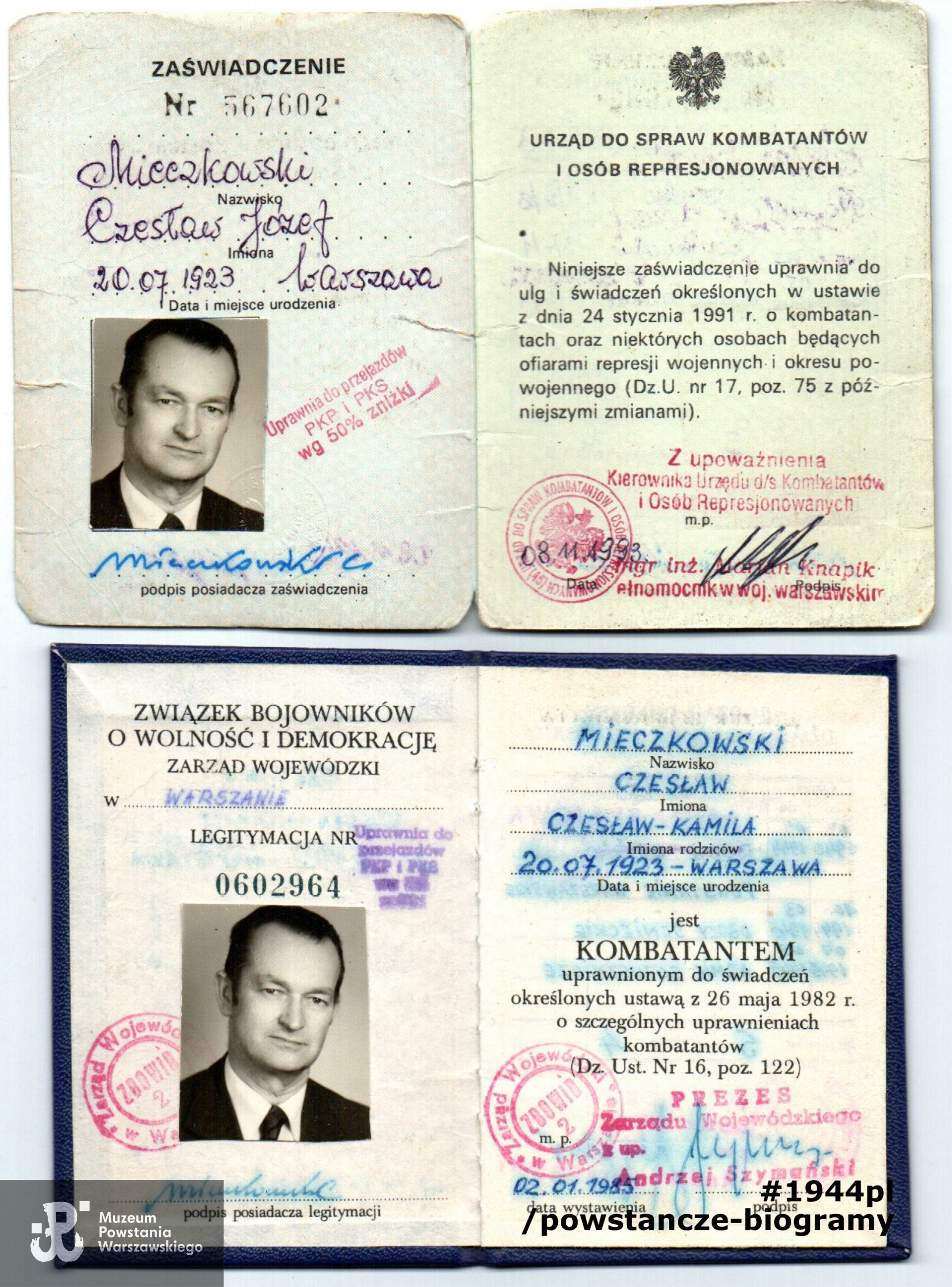 Legitymacje kombatanckie. Dokument ze zbiorów rodzinnych. Skany wykonano w Pokoju Kombatanta MPW, 2019 r. 