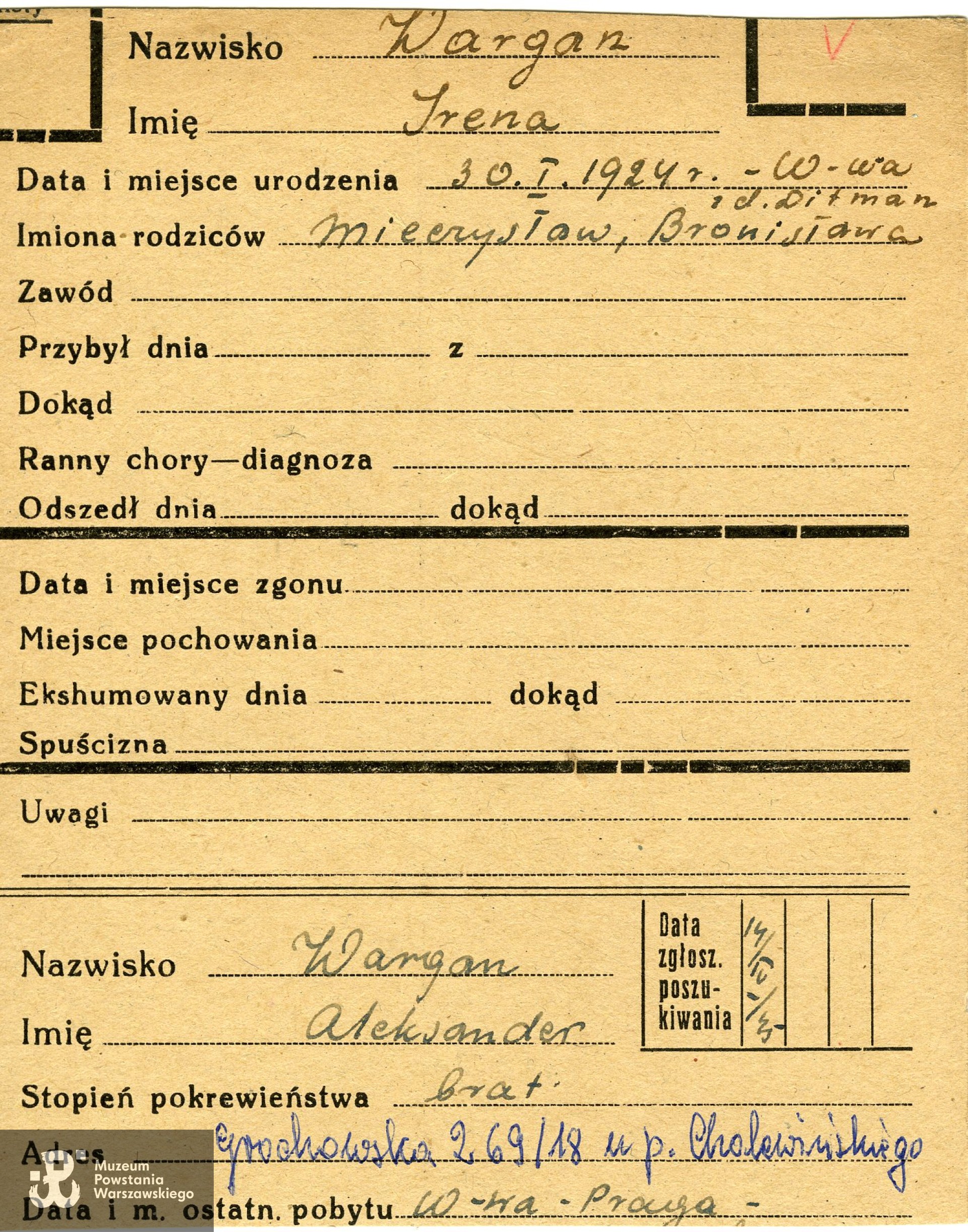 Poszukiwanie siostry za pośrednictwem PCK w kwietniu 1945 roku przez Aleksandra Wargona. W kartotece  zapisano nazwisko "Wargan" a imię podane przez brata - Irena. Pozostałe dane zgodne.  Alex Wargon zmarł w Australii w 2010 r. 