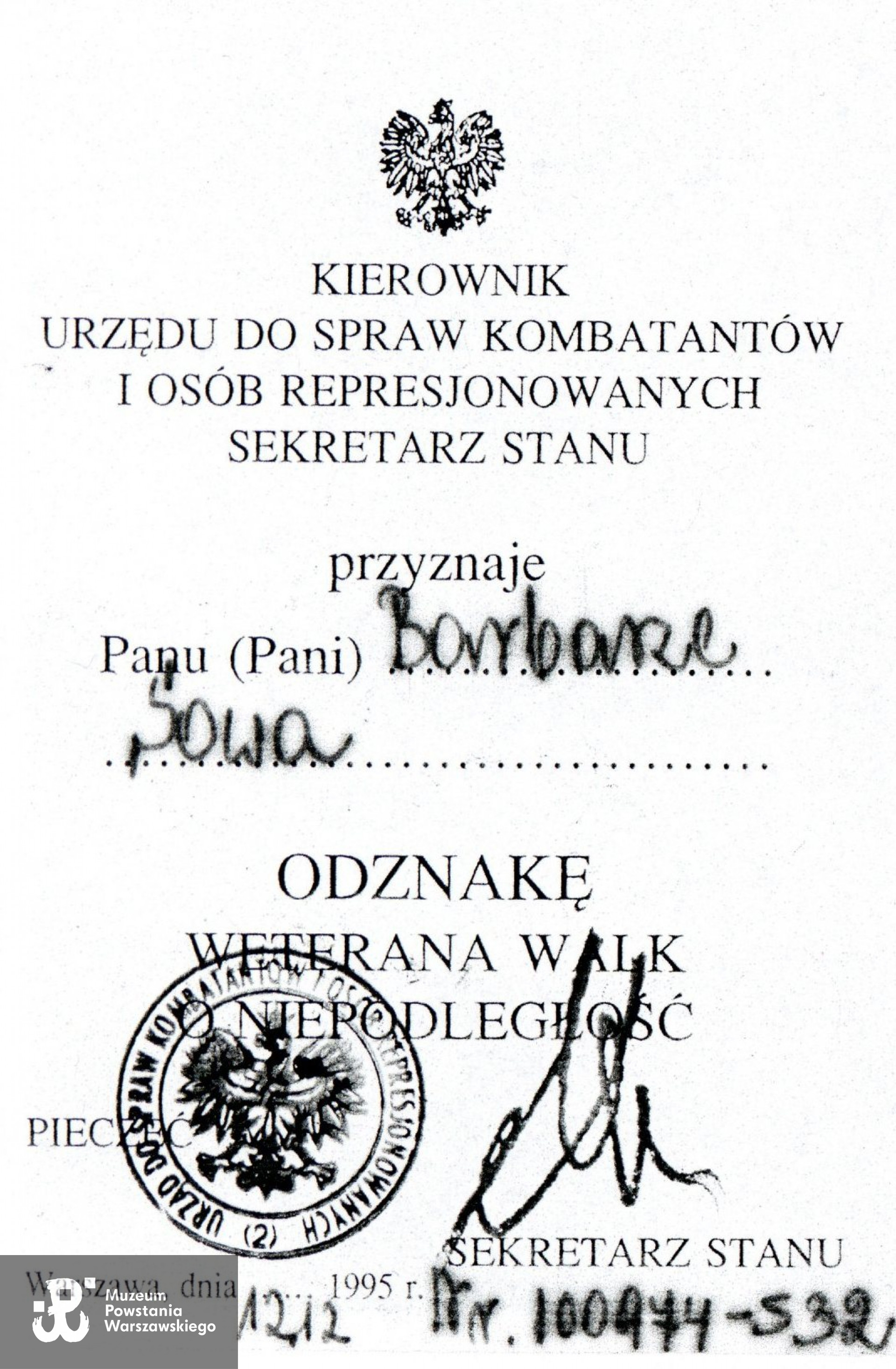 Źródło: Muzeum Powstania Warszawskiego, Teczki personalne uczestników Powstania Warszawskiego: Gettel Barbara Janina, zasób Pokoju Kombatanta MPW